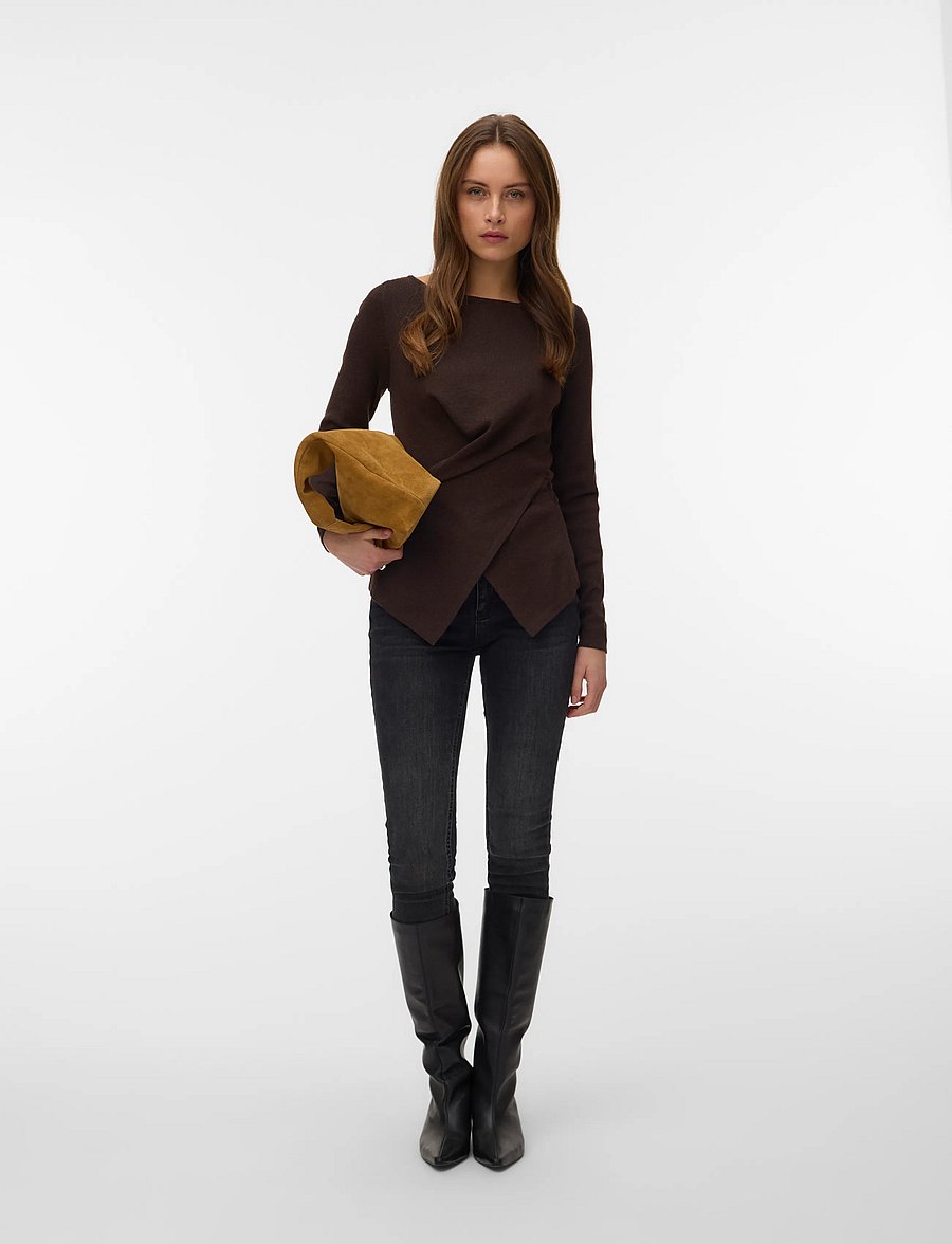 Vero Moda - VMSIENA LS BOATNECK WRAP PULLOVER PRM - stickade tröjor - chocolate torte - 0