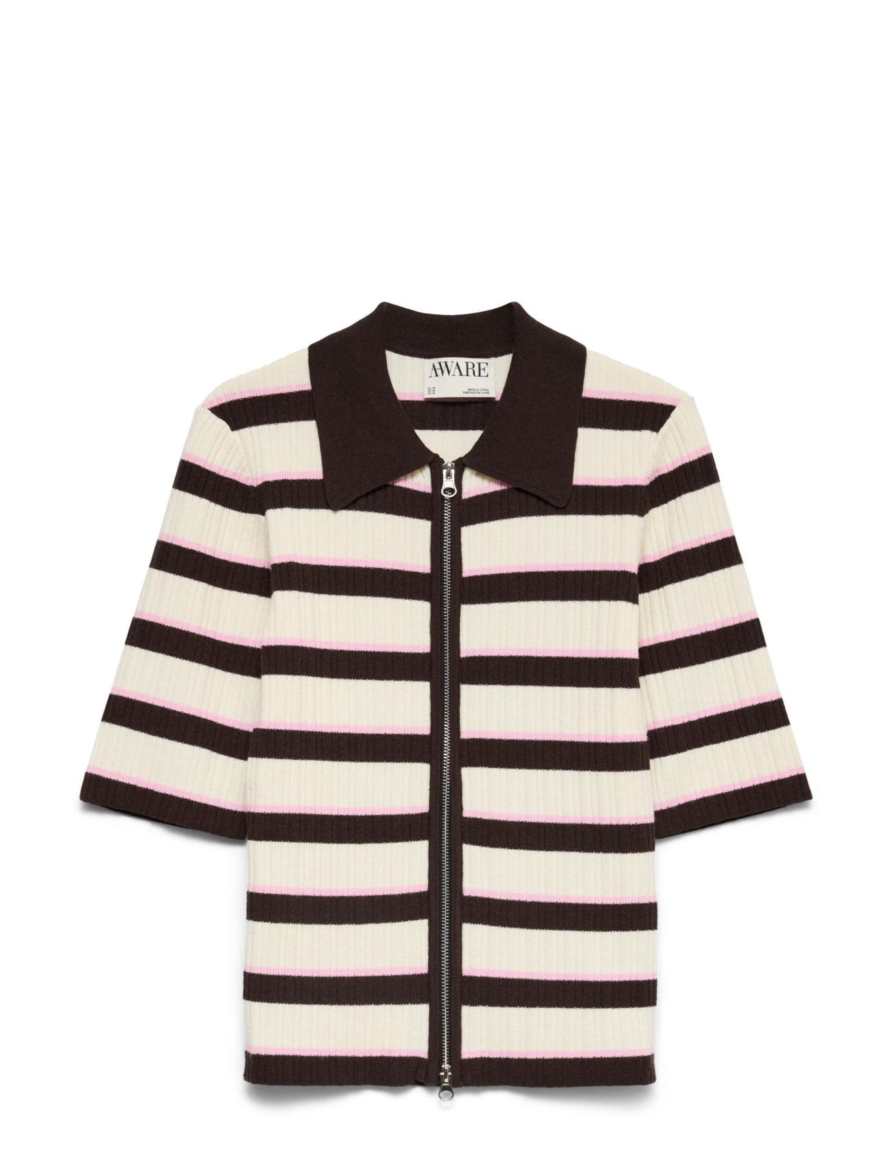 Vero Moda AWHANNA 2/4 ZIP STRIPE KNIT CARDIGAN - Tøj - CHOCOLATE TORTE / brown