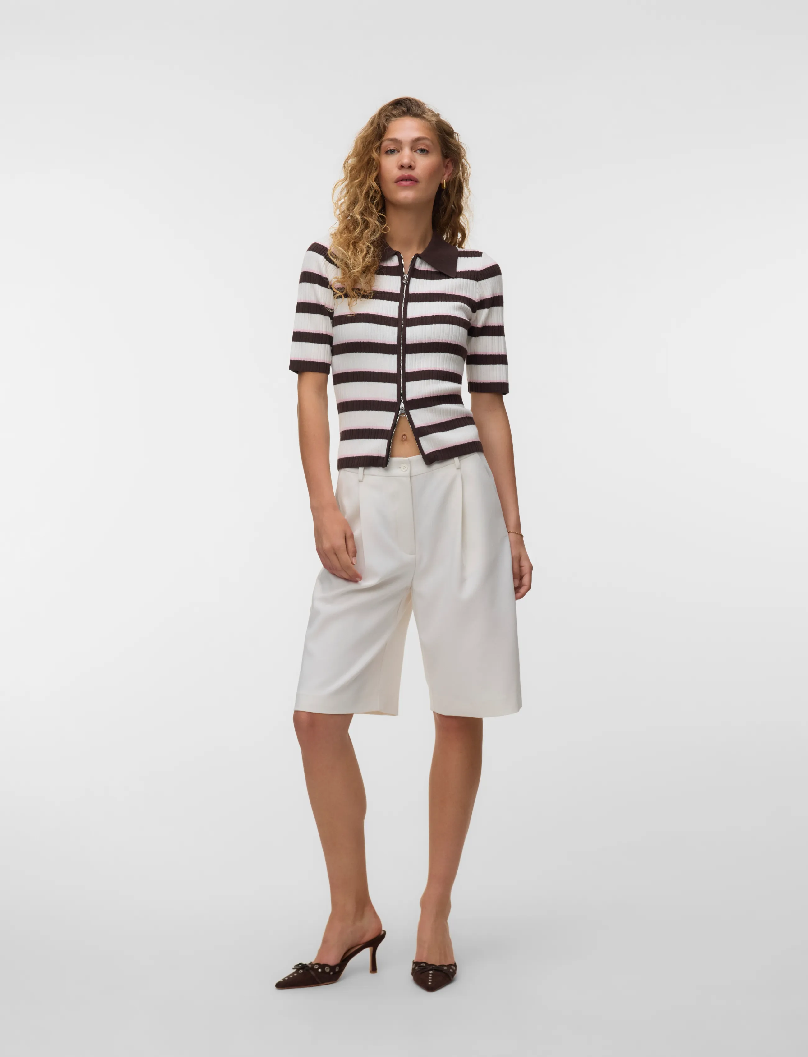 Vero Moda Awhanna 2/4 Zip Stripe Knit Cardigan, L, Brown, Strik > Cardigans, Dame