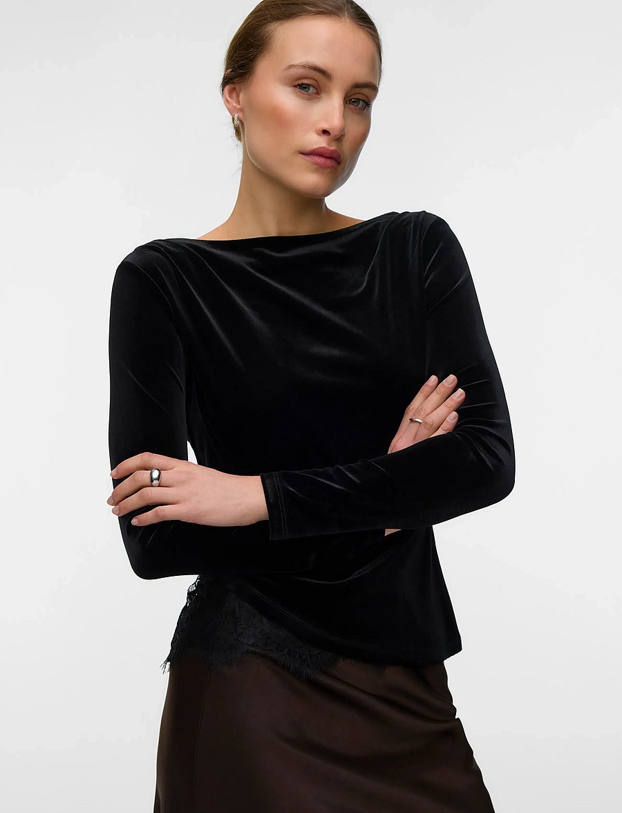 Vero Moda - VMRIKKE LS BOATNECK LACE MIX TOP JRS - långärmade toppar - black - 4