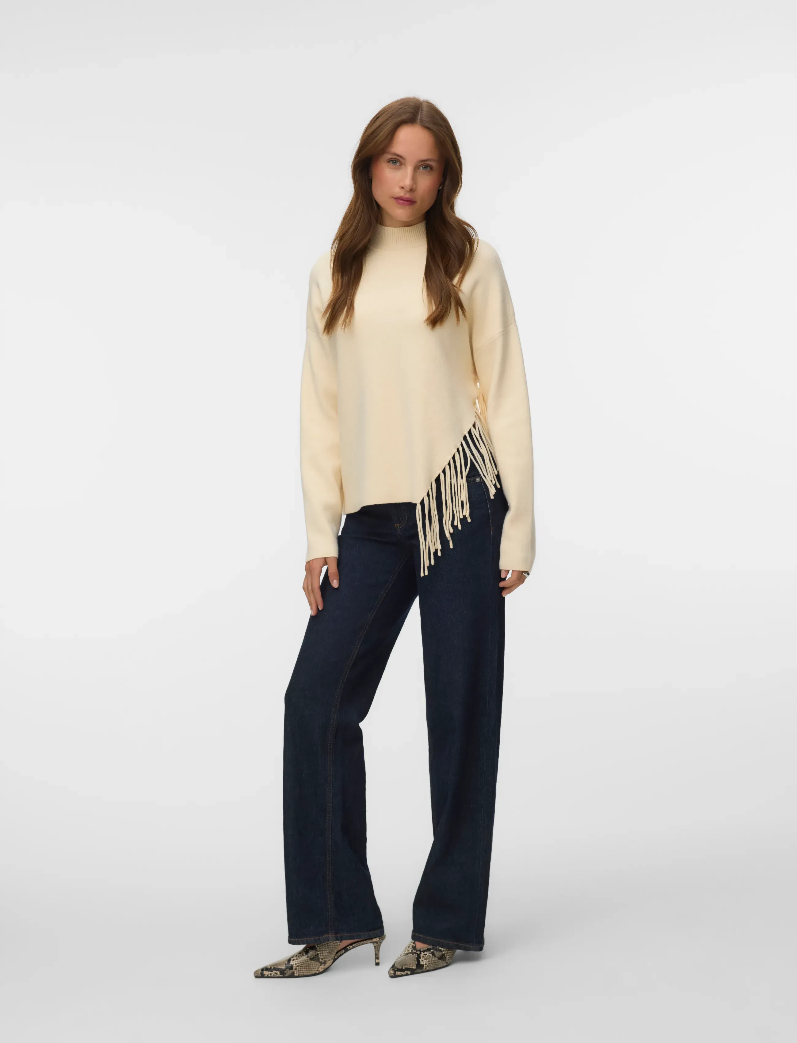 Vero Moda - VMMAGPIE LS HIGHNECK FRINGE PULLOVER VIP - stickade tröjor - birch - 0