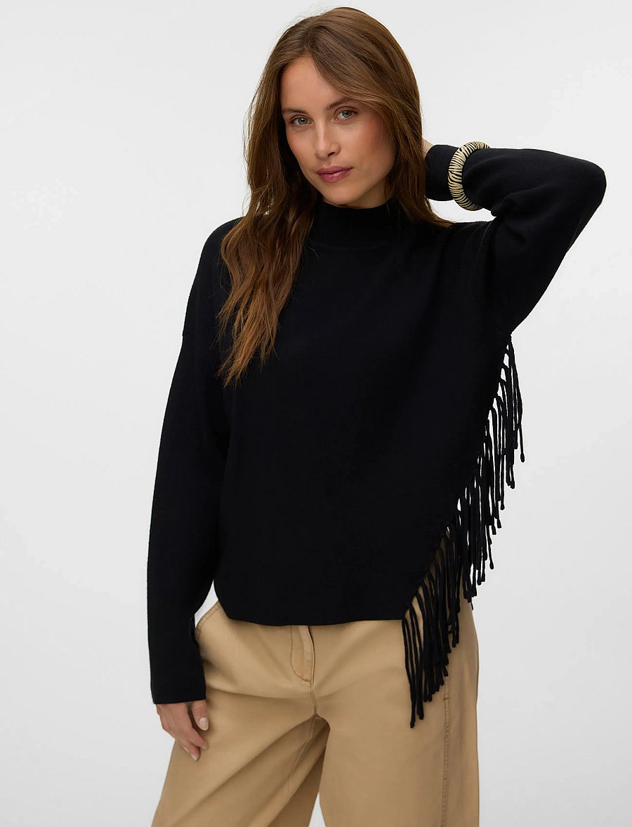 Vero Moda - VMMAGPIE LS HIGHNECK FRINGE PULLOVER VIP - jumpers - black - 4