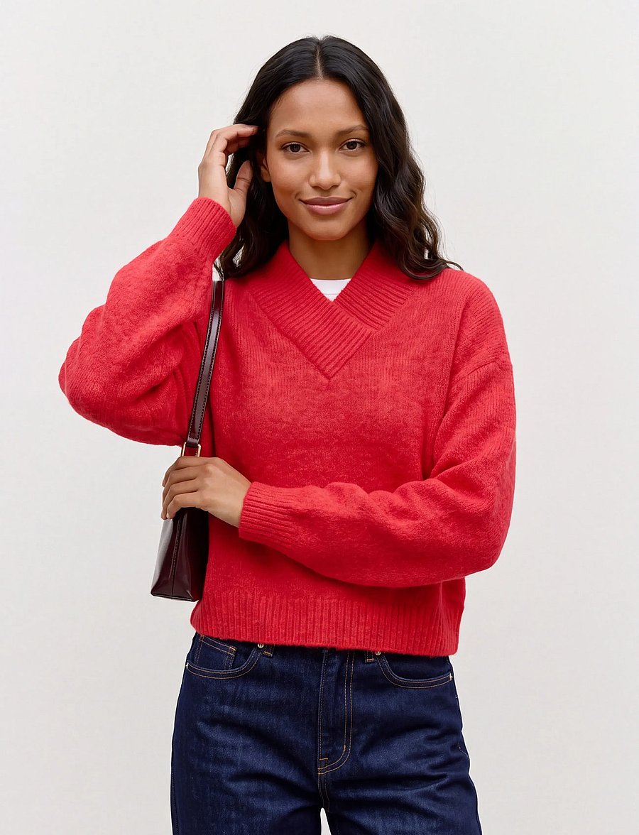 Vero Moda - VMLOON LS TIGHT V-NECK SHORT PULLOVE VIP - striktrøjer - high risk red - 4