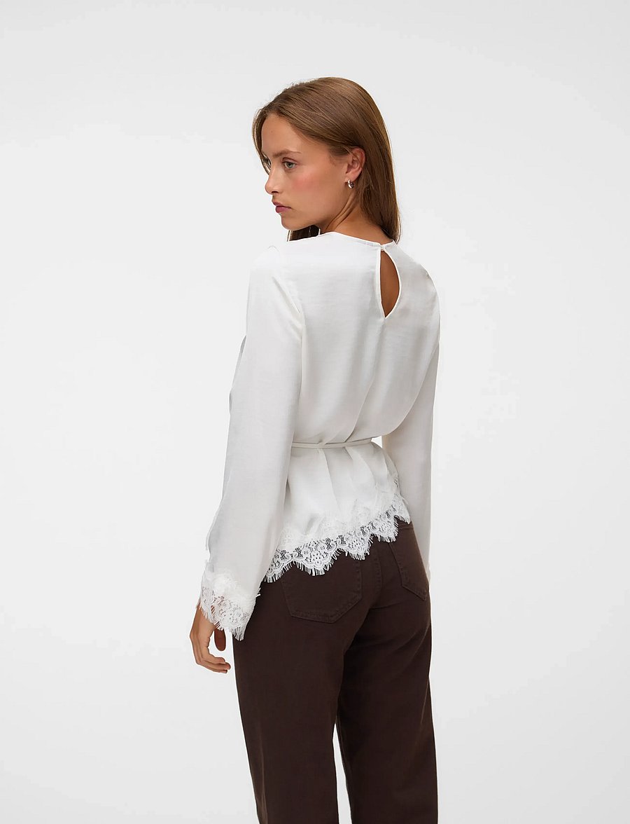Vero Moda - VMMIRO LS LACE TOP WVN - långärmade blusar - snow white - 2