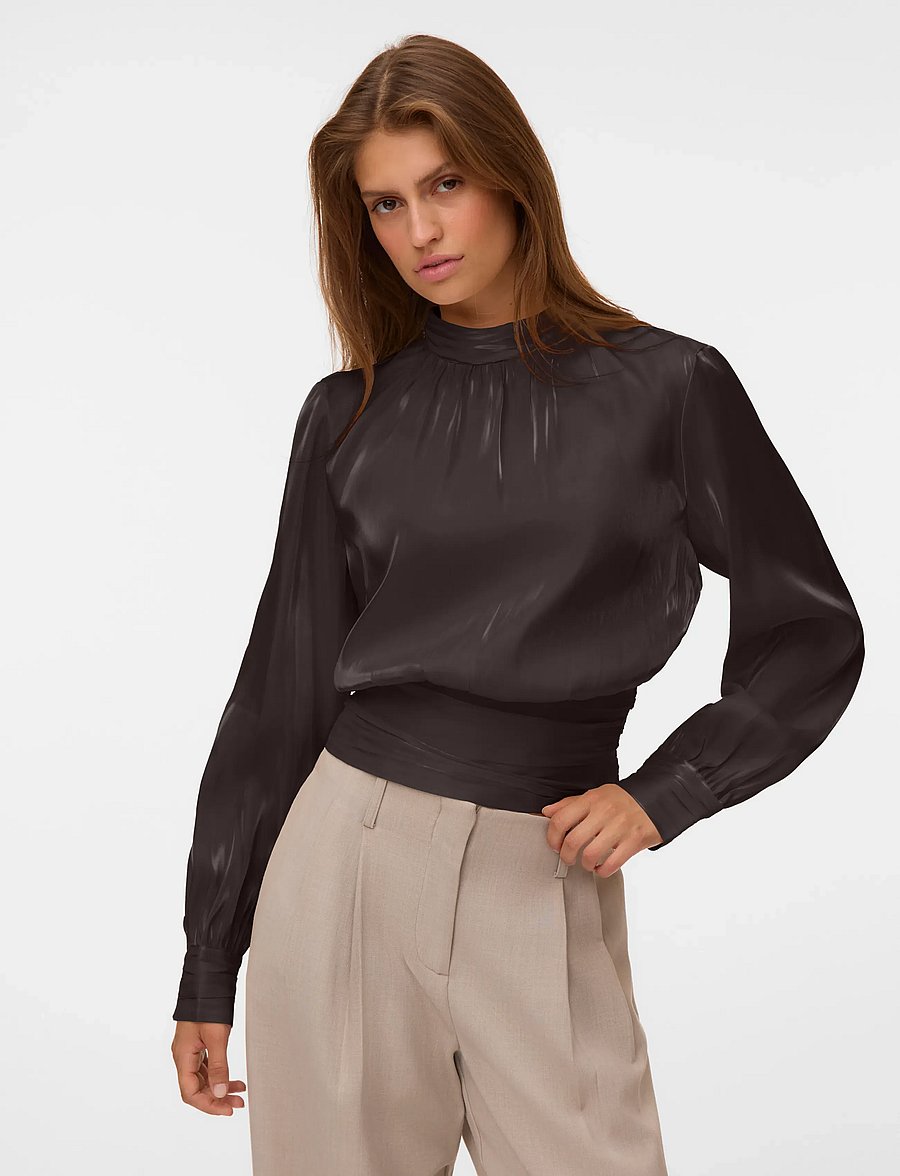 Vero Moda - VMPOLLY LS HIGH NECK TOP WVN - langærmede bluser - chocolate torte - 3