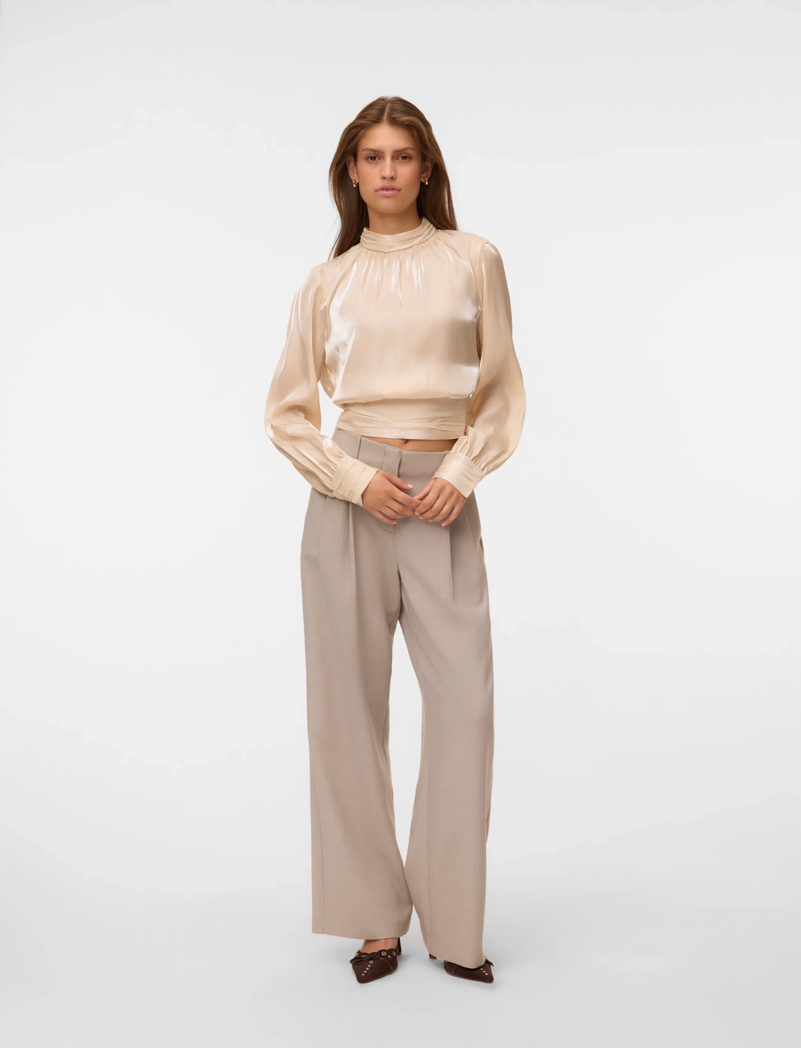 Vero Moda - VMPOLLY LS HIGH NECK TOP WVN - long-sleeved blouses - fog - 0