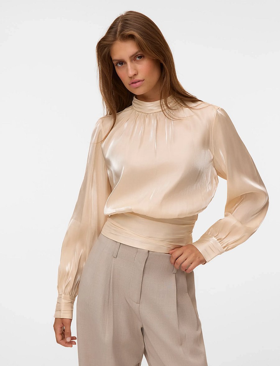 Vero Moda - VMPOLLY LS HIGH NECK TOP WVN - långärmade blusar - fog - 5