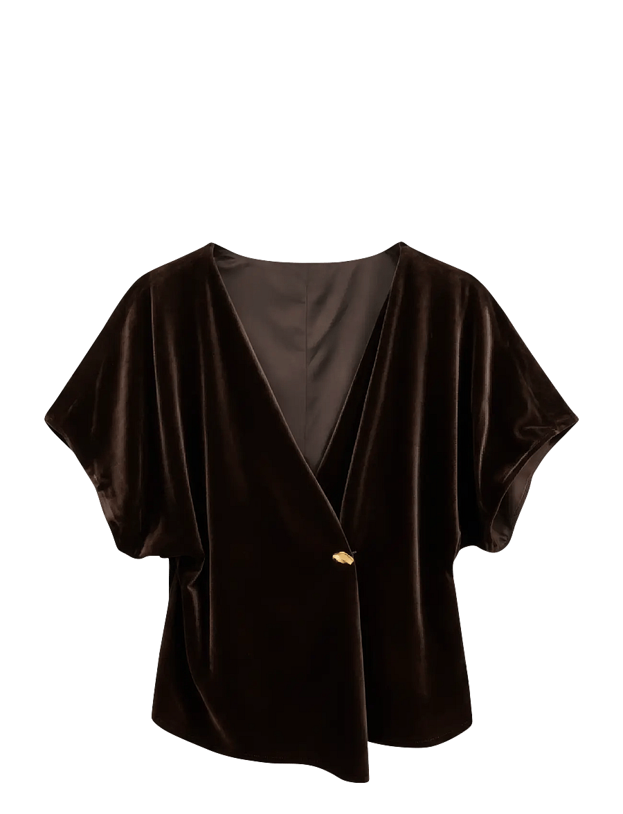 Vero Moda - VMSONJA VELVET SS V-NECK TOP JRS EXP - kurzärmelige blusen - chocolate torte - 0
