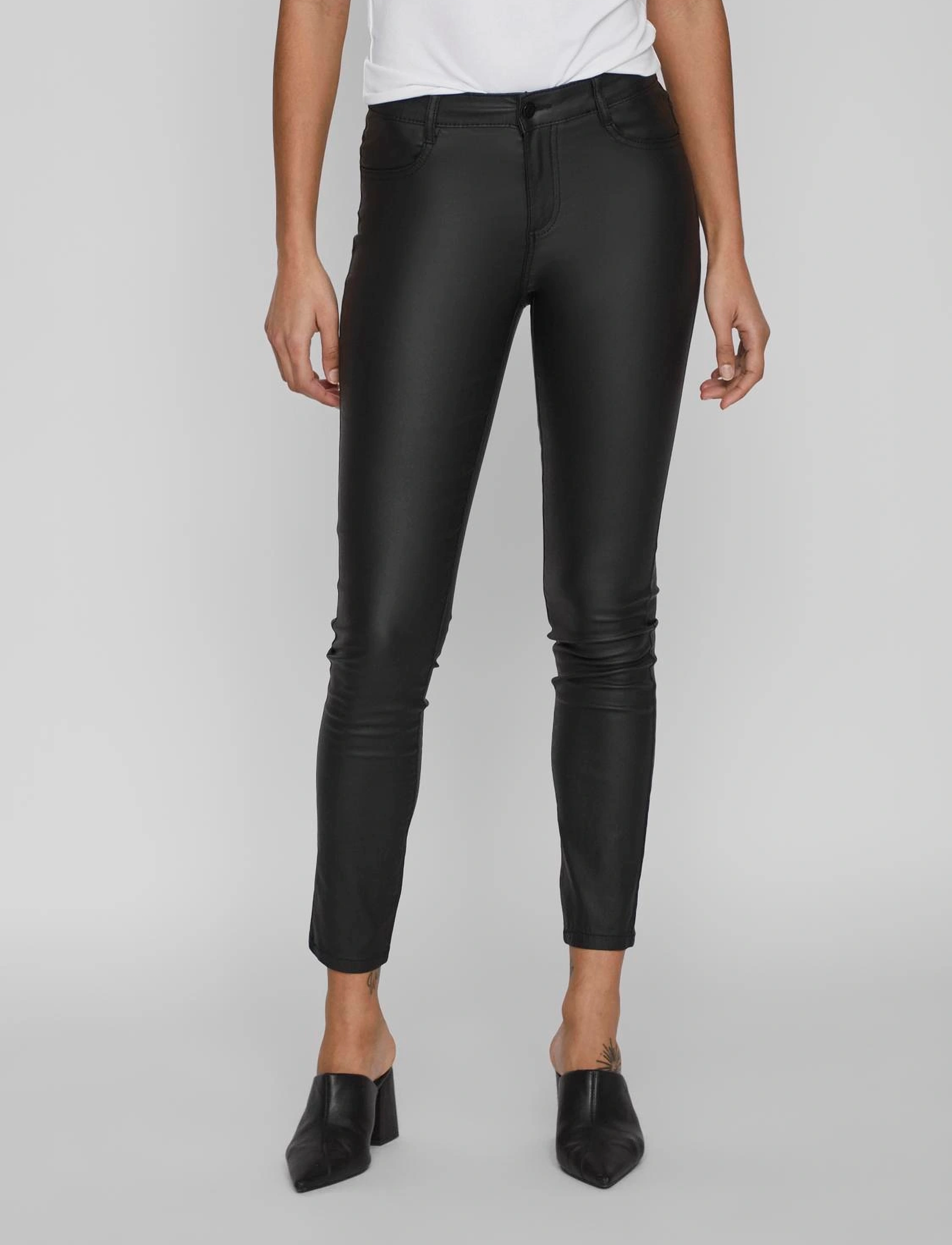 Vila Vicommit Coated Rwsk New Pant-Noos, Kvinder, Højtaljede Coatede Skinny Bukser, Sort, Str: M