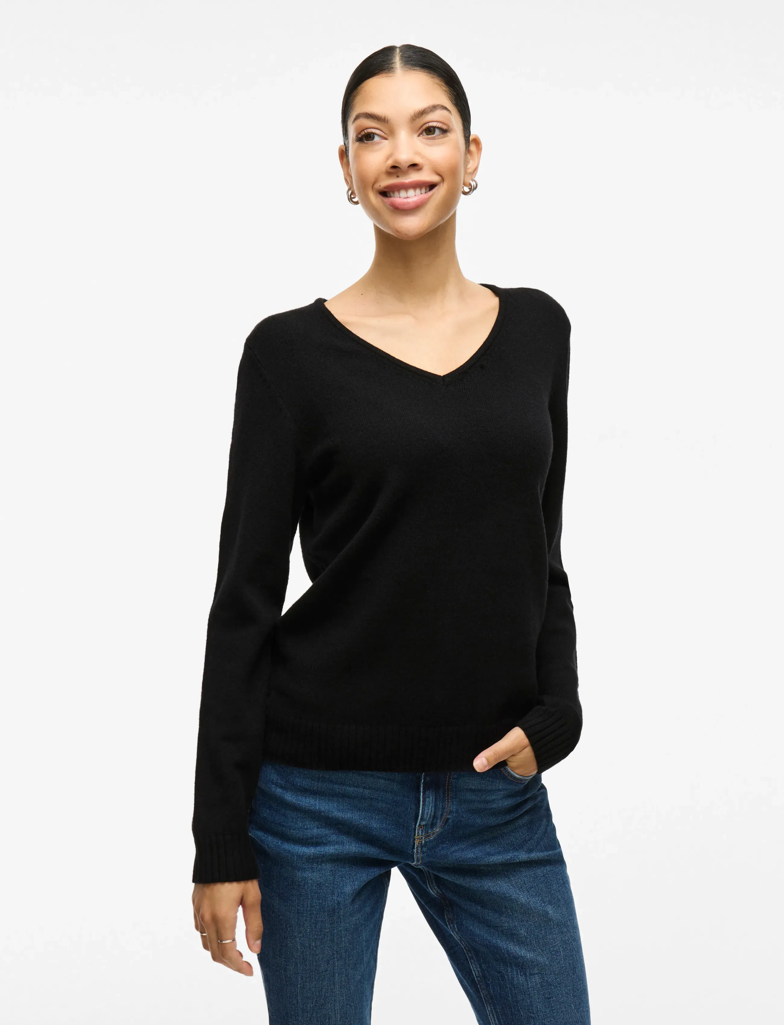 Vila Viril V-Neck L/S Knit Top Noos, Kvinder, V-Hals Langærmet Strikket Top, Sort, Str: L