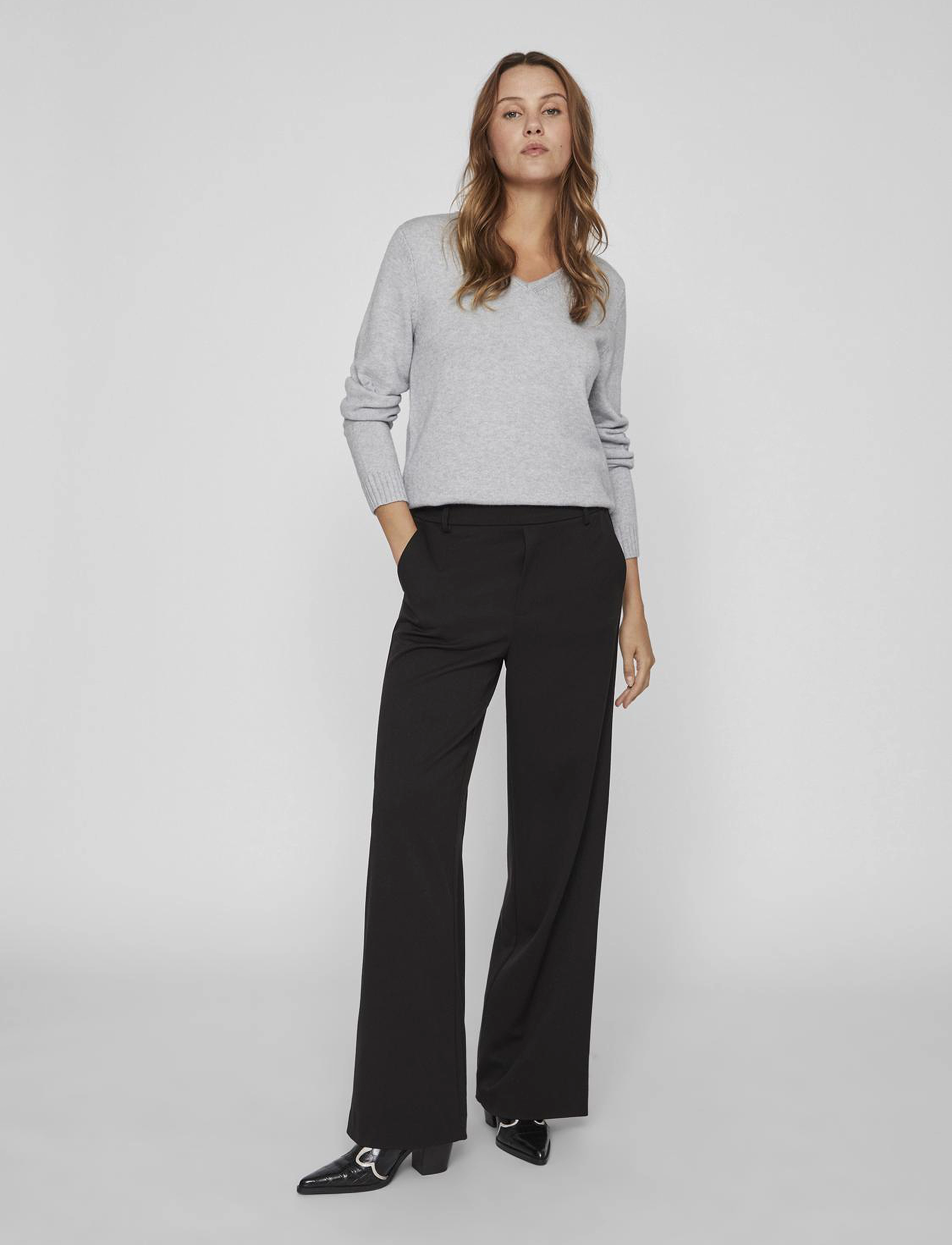 Vila - VIRIL V-NECK L/S  KNIT TOP - NOOS - striktrøjer - light grey melange - 5