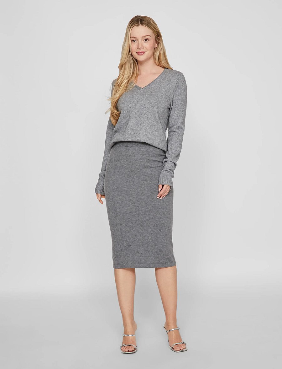 Vila - VIRIL V-NECK L/S KNIT TOP - NOOS - pullover - medium grey melange - 0