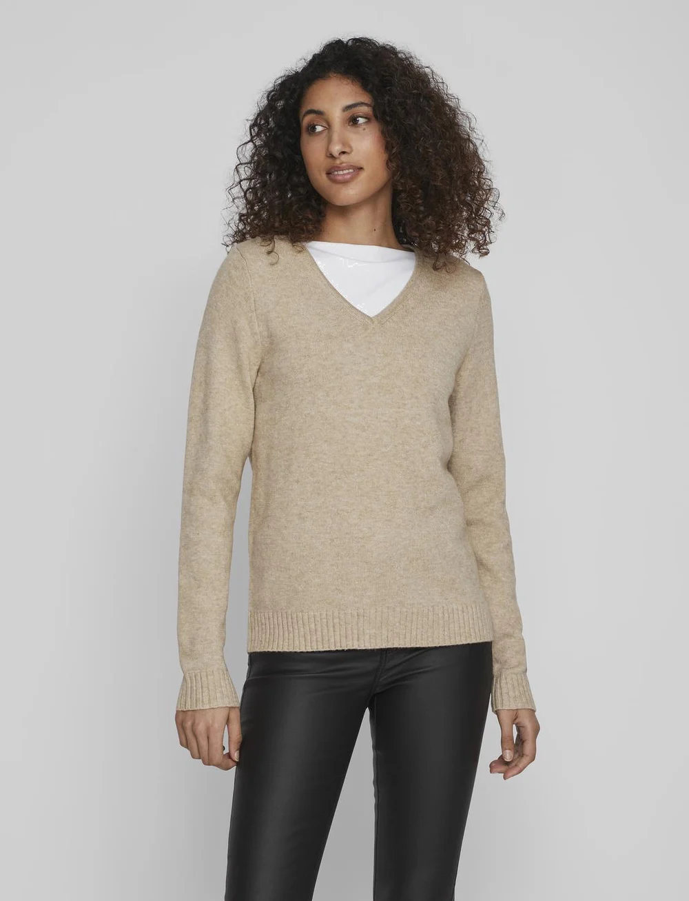 Vila - VIRIL V-NECK L/S KNIT TOP - stickade tröjor - natural melange - 0