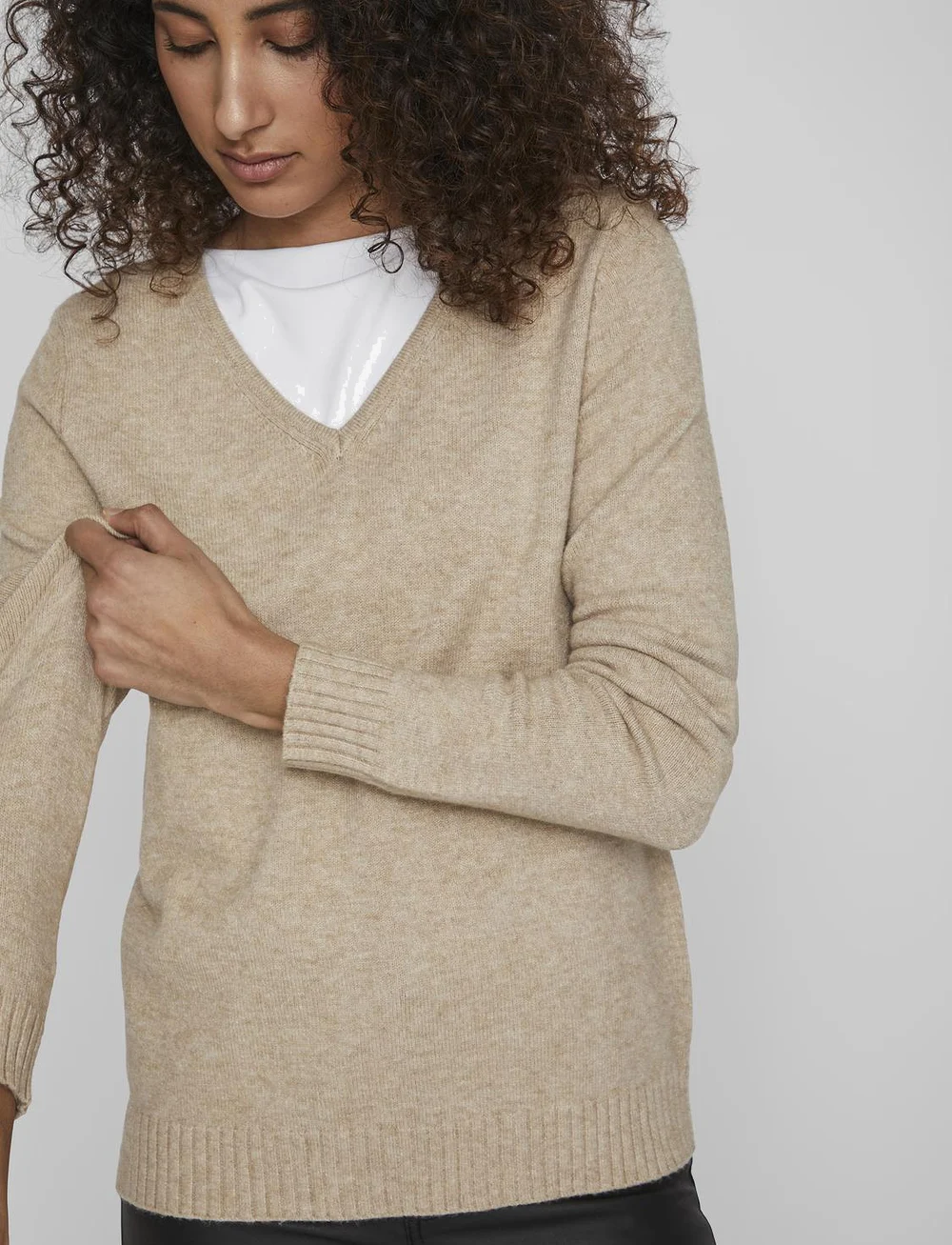 Vila - VIRIL V-NECK L/S KNIT TOP - stickade tröjor - natural melange - 4