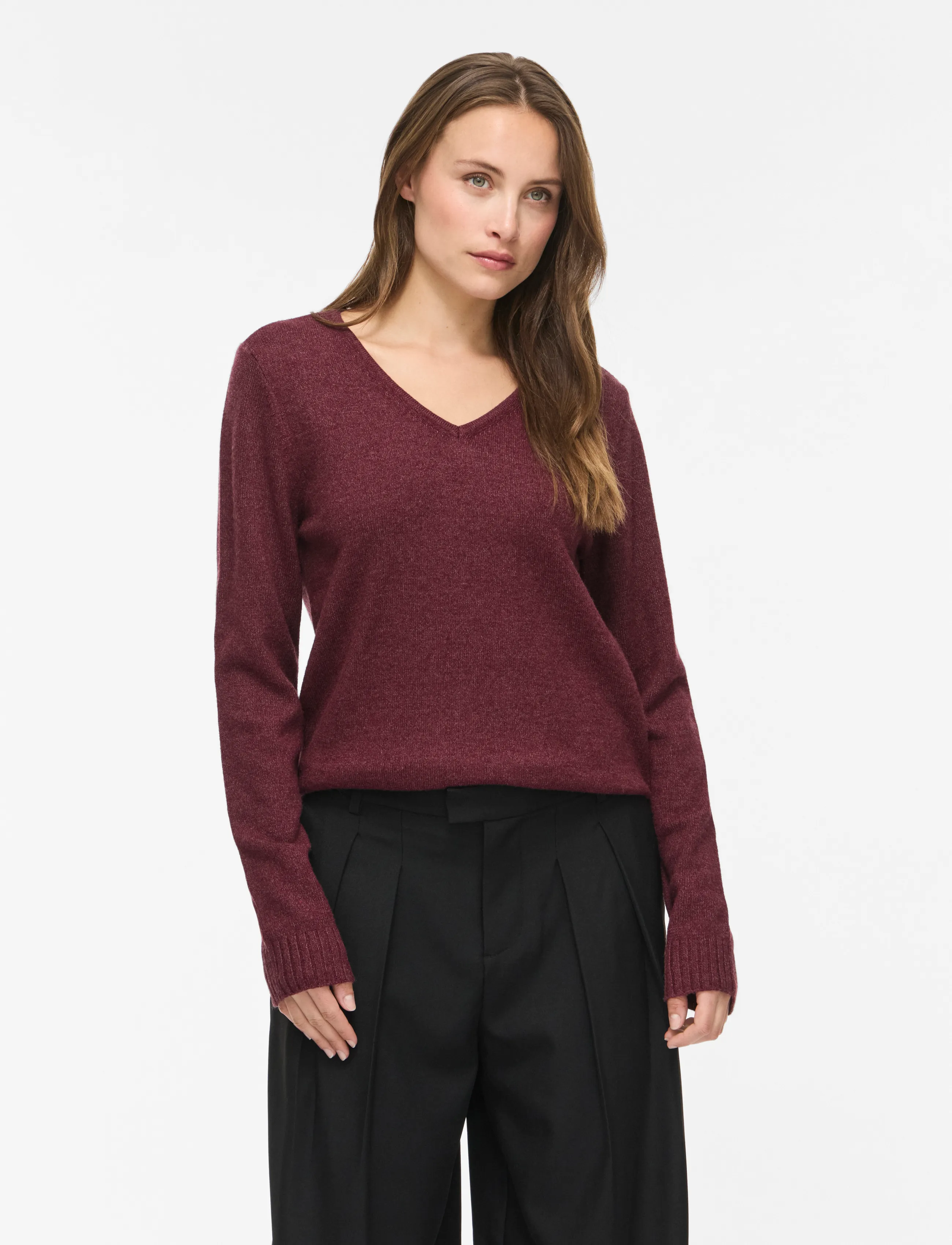 Vila Viril V-Neck L/S Knit Top Noos, L, Knitwear, Burgunderrot - Jumpers, Frauen