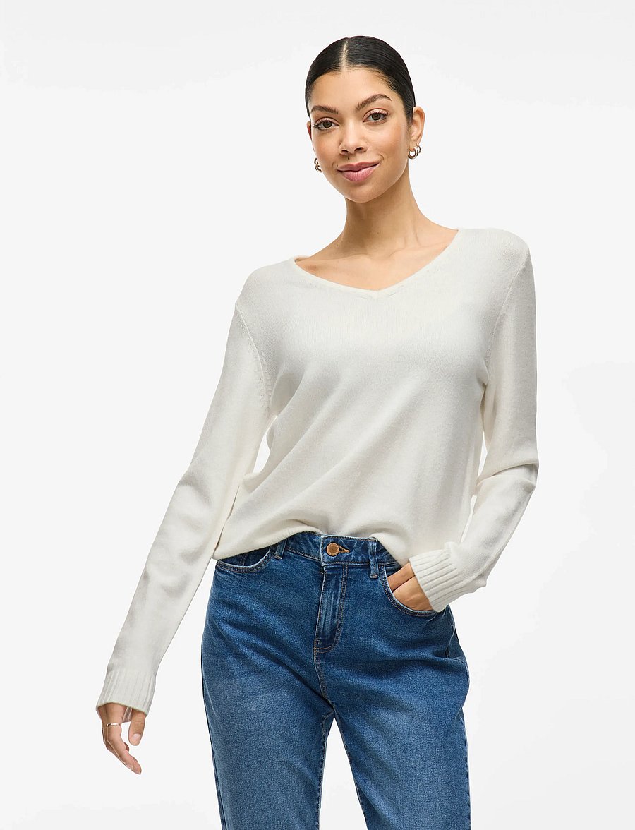 Vila - VIRIL V-NECK L/S KNIT TOP - NOOS - pullover - white alyssum - 0