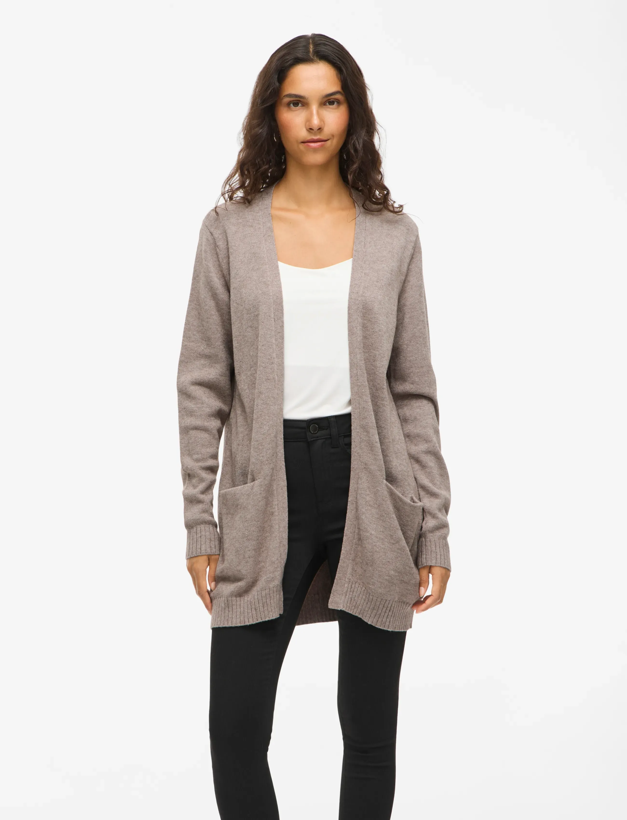 Vila Viril Open L/S Knit Cardigan Noos, Kvinder, Åben Strikket Cardigan, Beige, Str: XS