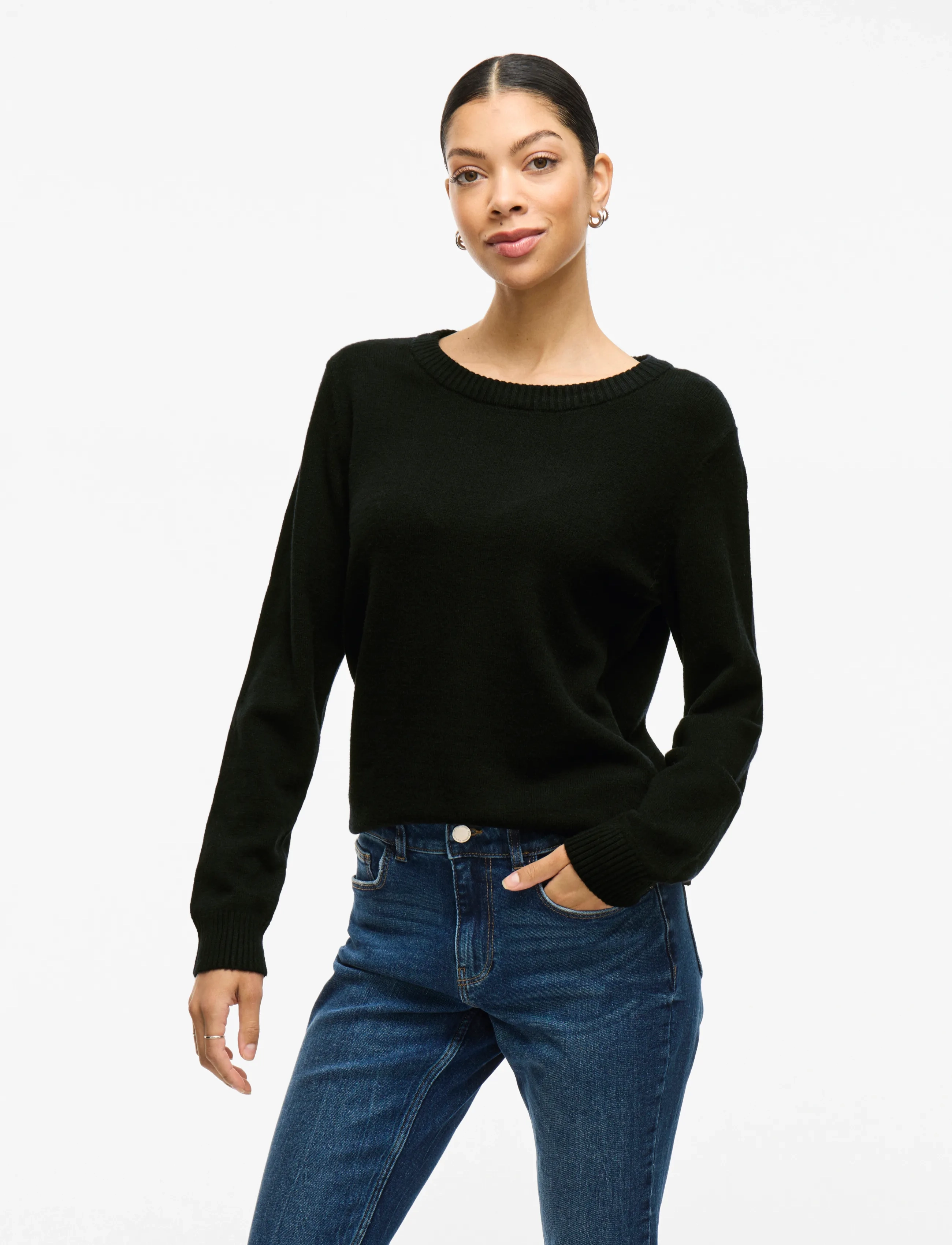 Vila Viril O-Neck L/S Knit Top Noos, Kvinder, Langærmet Rundhals Striktrøje, Sort, Str: XS