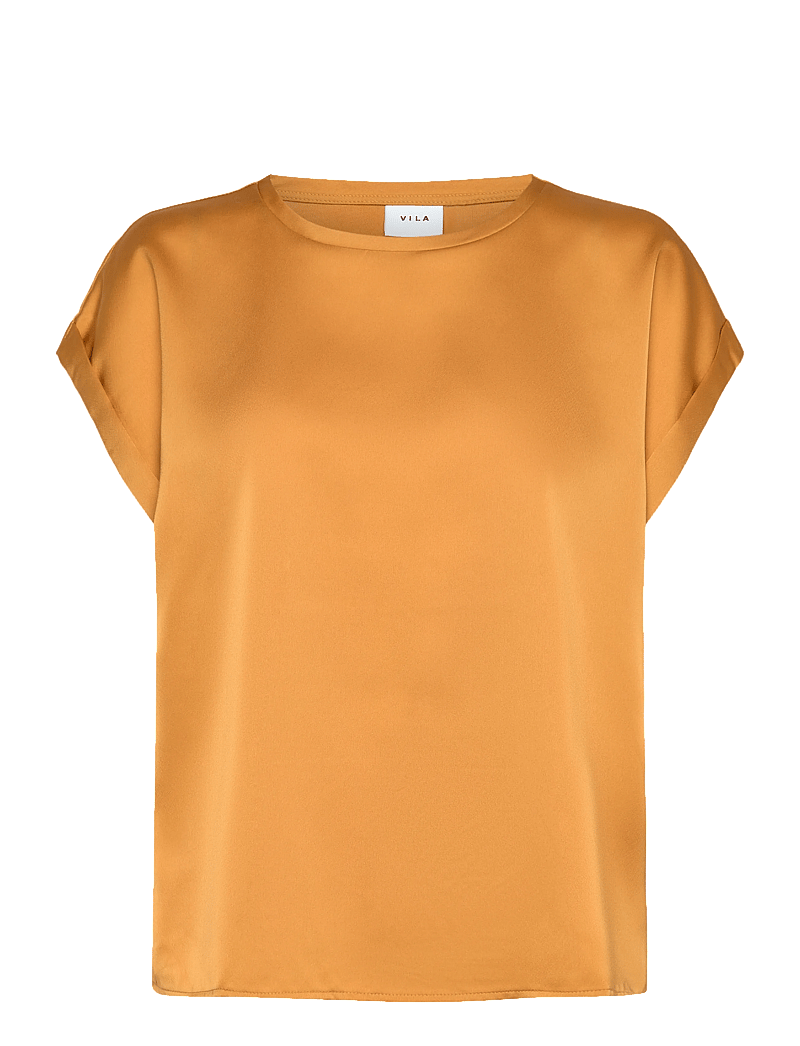 Vila - VIELLETTE S/S SATIN TOP - NOOS - kortärmade blusar - amber gold - 0