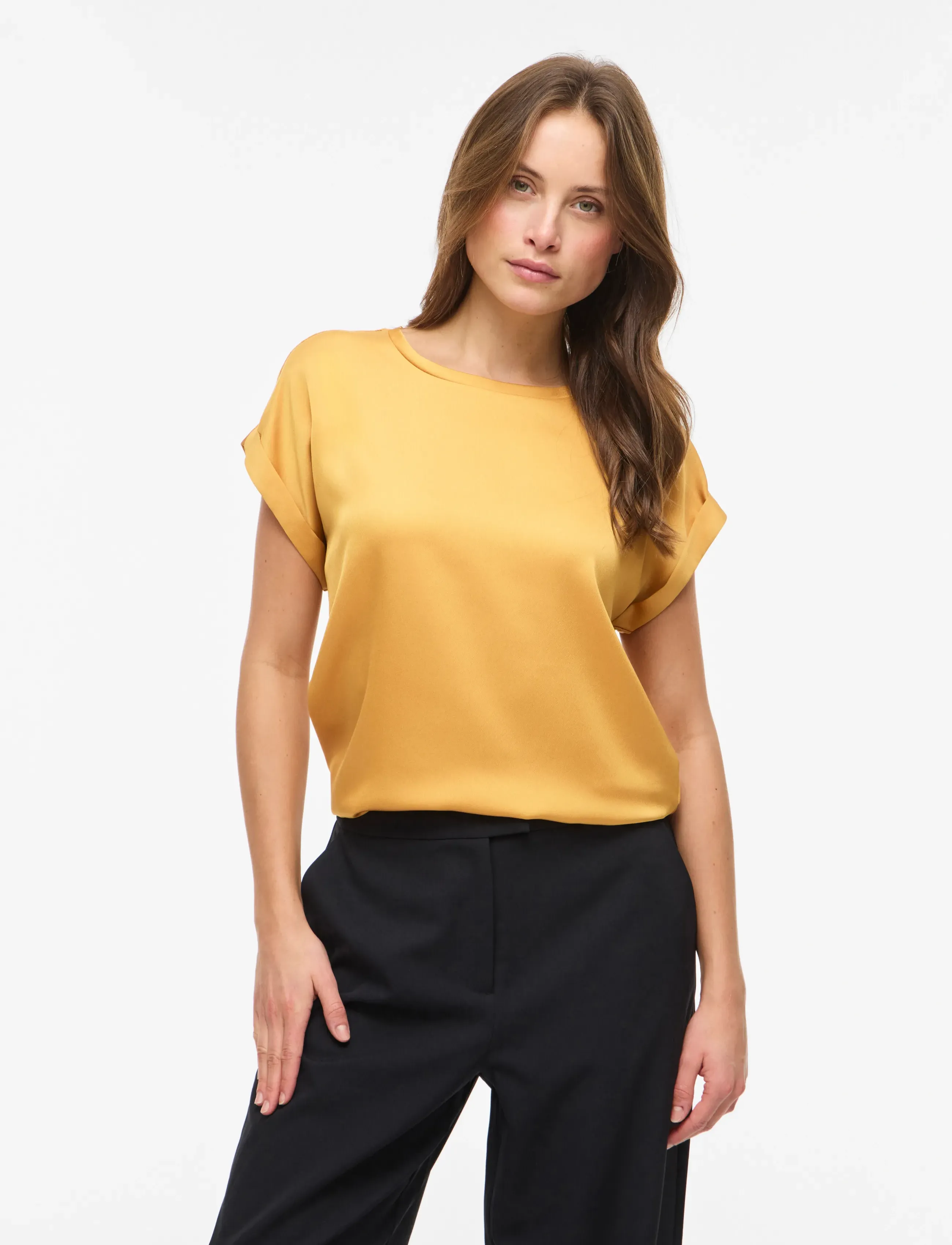 Vila Viellette S/S Satin Top Noos, Kvinder, Kortærmet Satin Top, Gul, Str: 40
