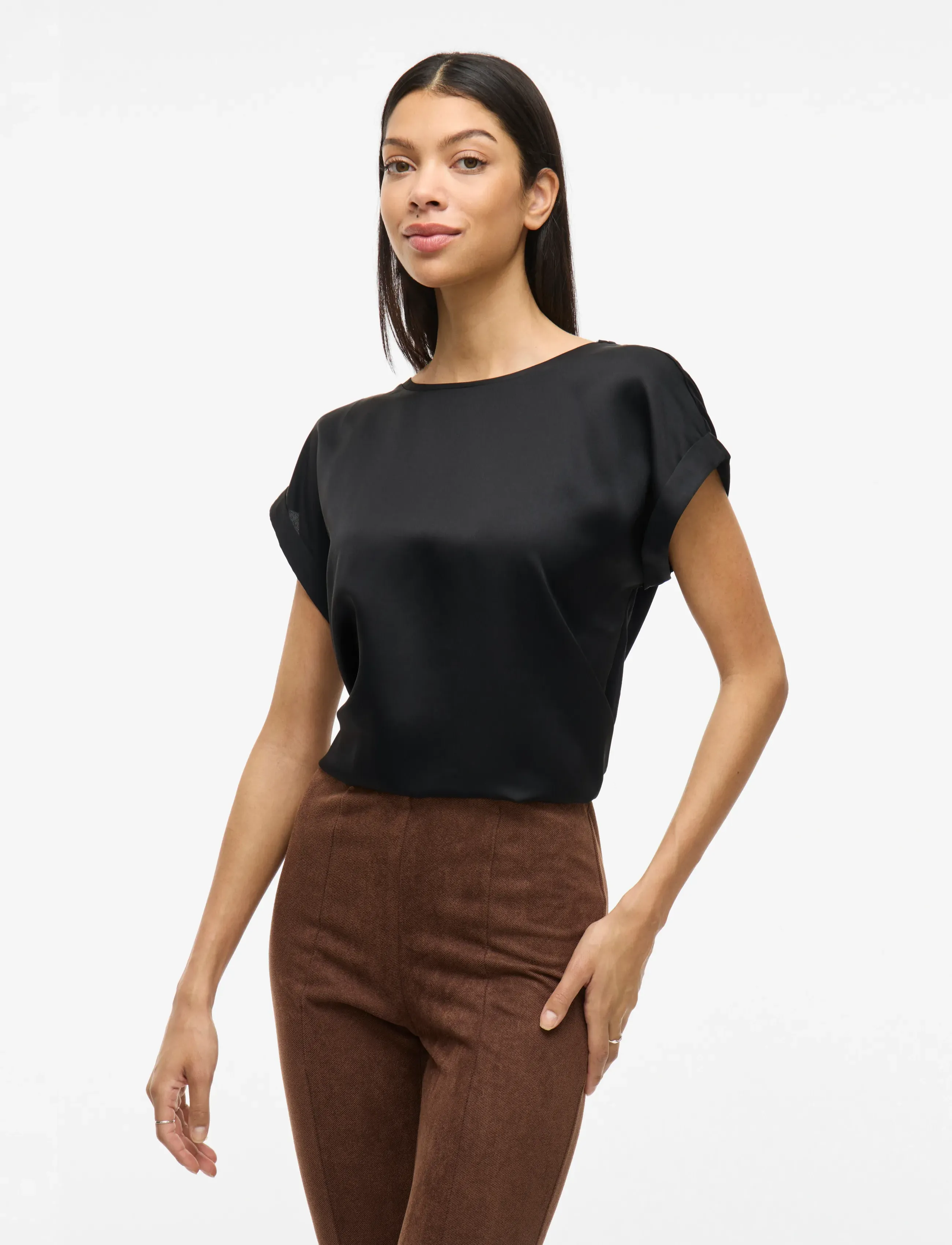 Vila Viellette S/S Satin Top Noos, Kvinder, Kortærmet Satin Top, Sort, Str: 42