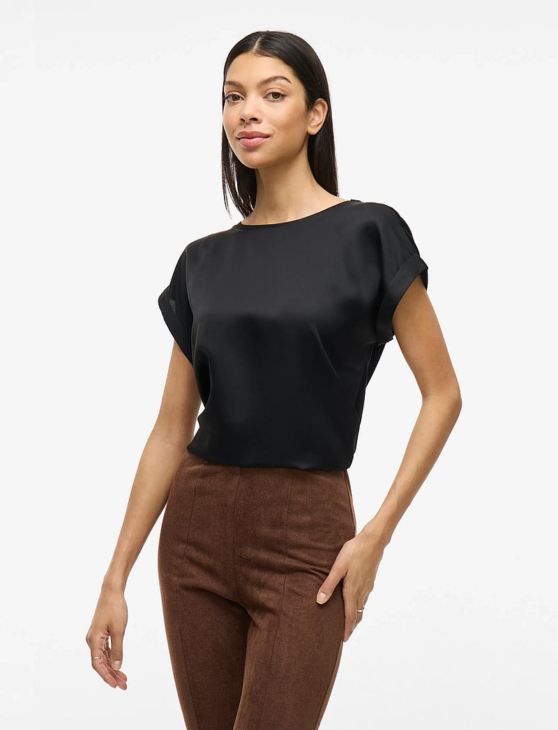 Vila - VIELLETTE S/S SATIN TOP - NOOS - kurzämlige blusen - black - 0
