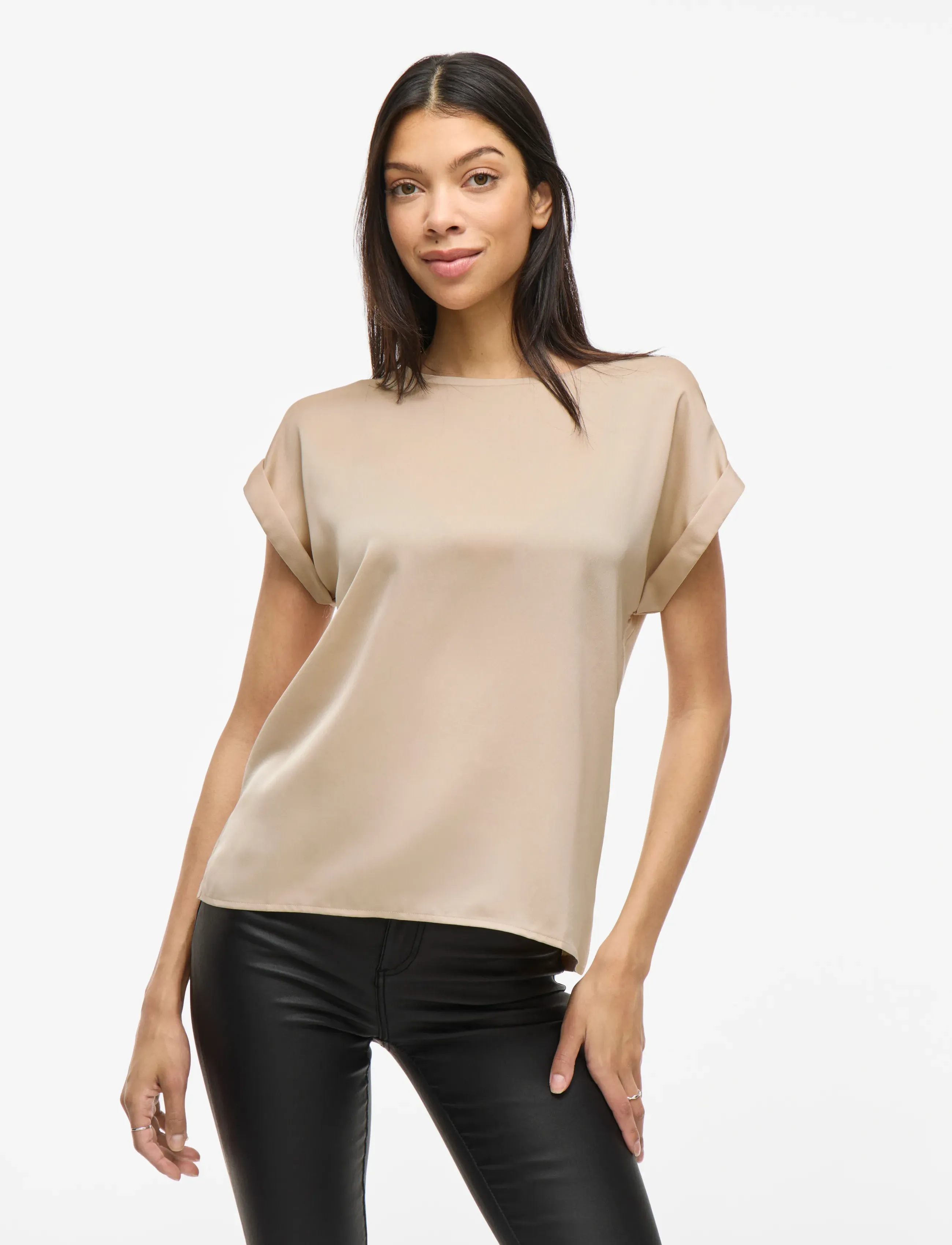 Vila Viellette S/S Satin Top Noos, Kvinder, Kortærmet Satin Top, Cream, Str: 38