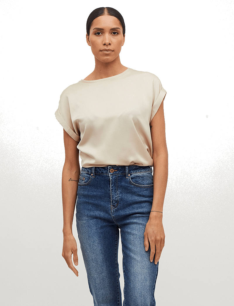 Vila - VIELLETTE S/S SATIN TOP - NOOS - kurzämlige blusen - cement - 0
