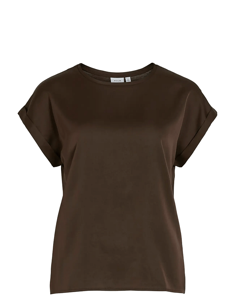 Vila - VIELLETTE S/S SATIN TOP - NOOS - kortärmade blusar - coffee bean - 1