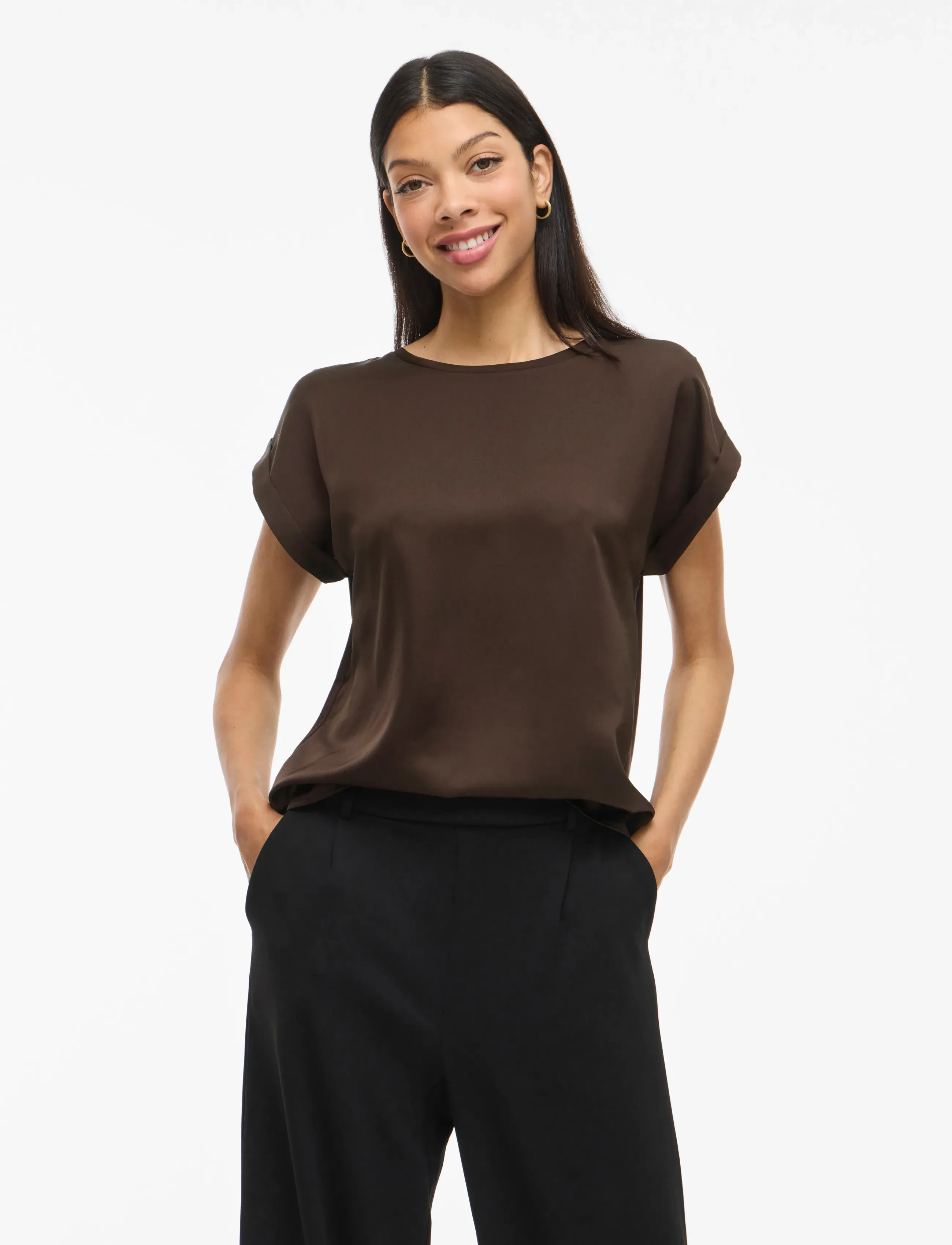 Vila Viellette S/S Satin Top - Noos, 40, Brown, T-Shirts & Toppe > Kortærmede, Dame