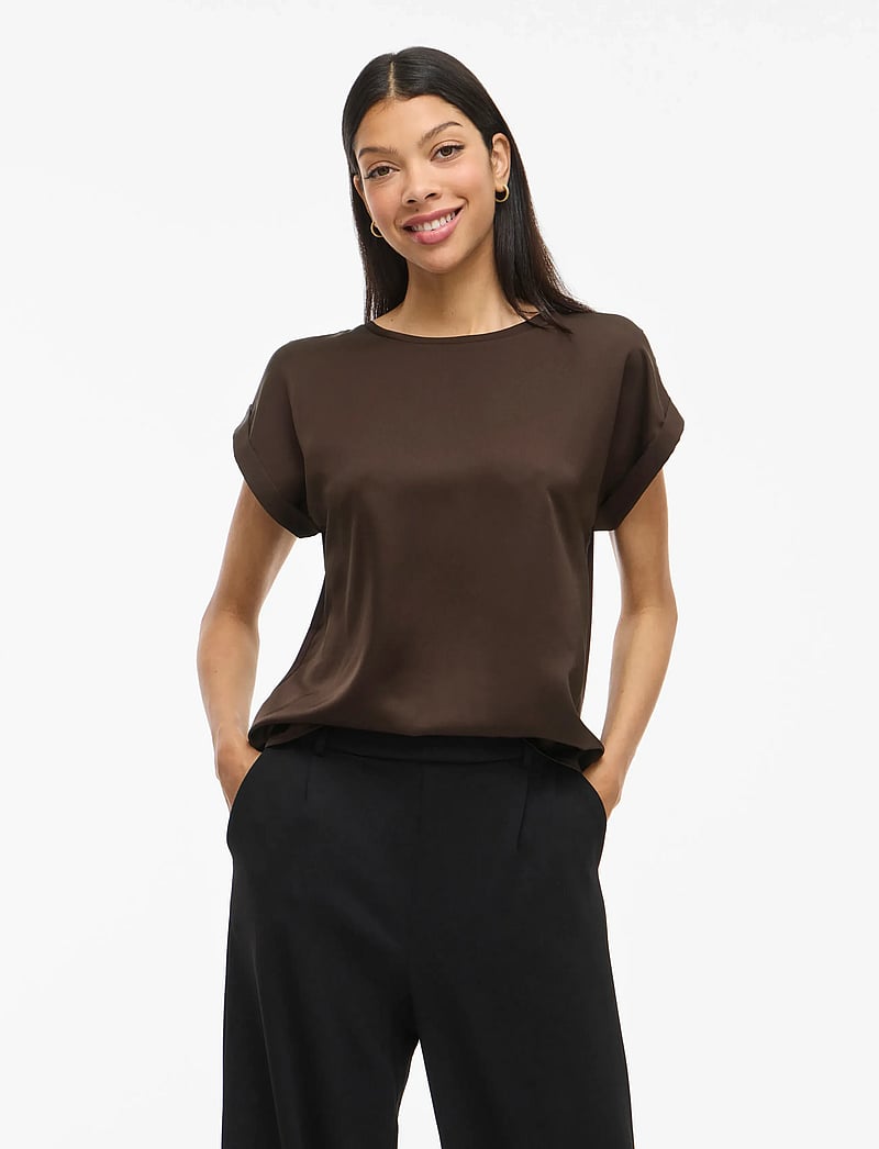 Vila - VIELLETTE S/S SATIN TOP - NOOS - kortärmade blusar - coffee bean - 0