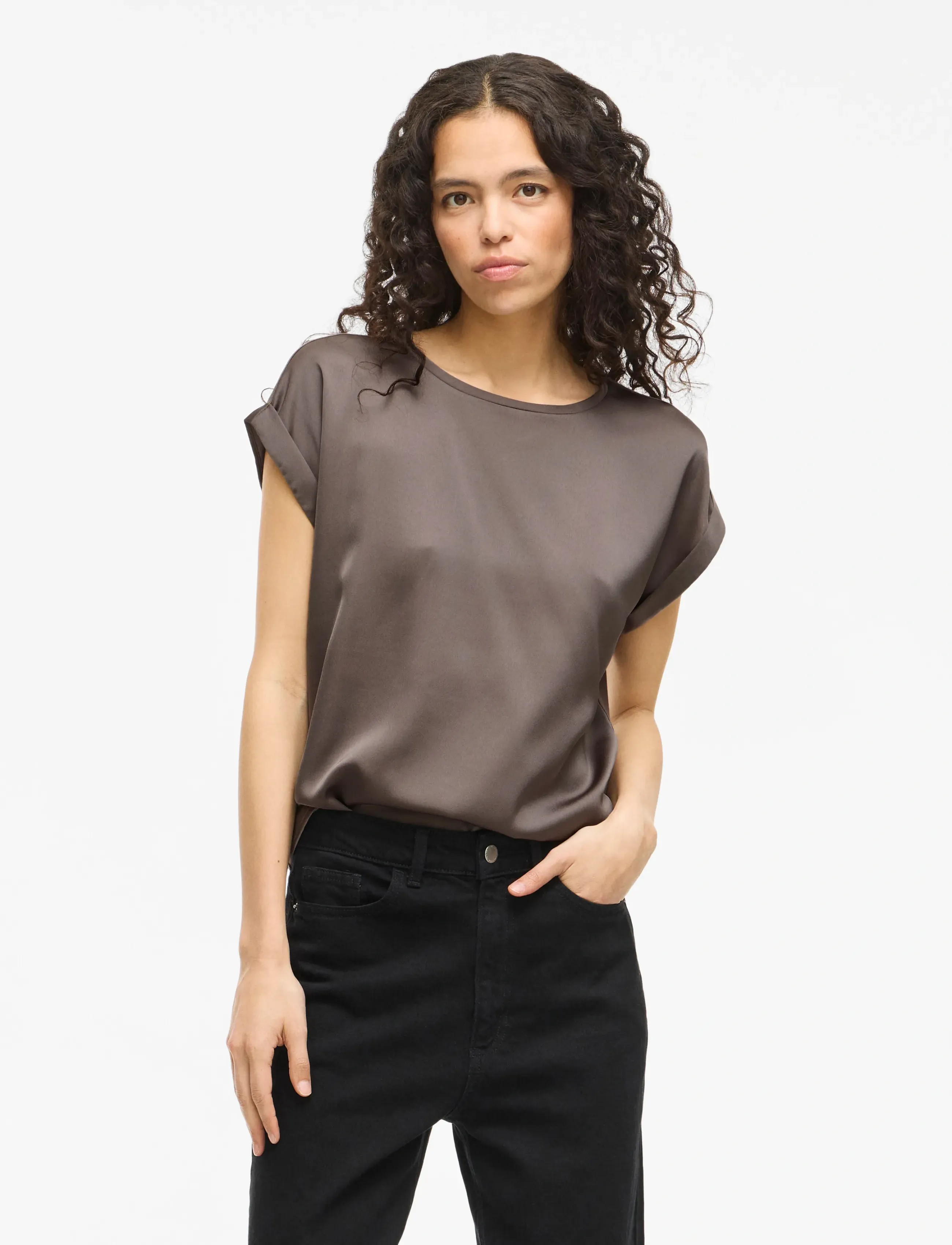 Vila Viellette S/S Satin Top Noos, Kvinder, Kortærmet Satin Top, Brun, Str: 38