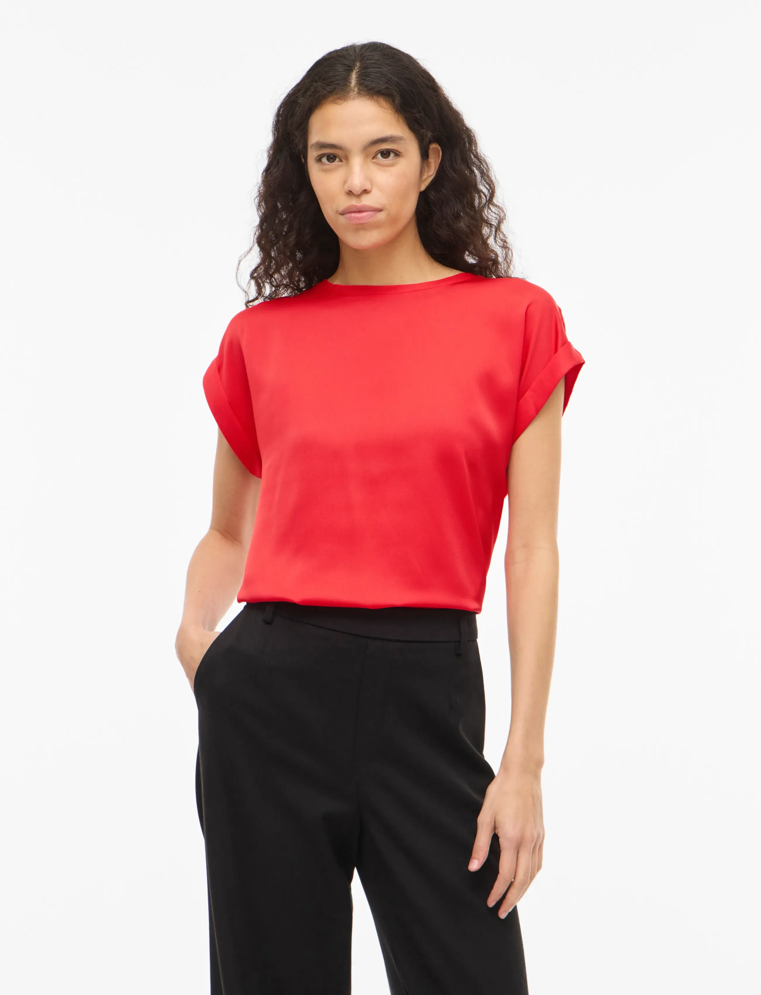 Vila Viellette S/S Satin Top Noos, 40, T-shirts & Oberteile, Rot - Short-sleeved, Frauen