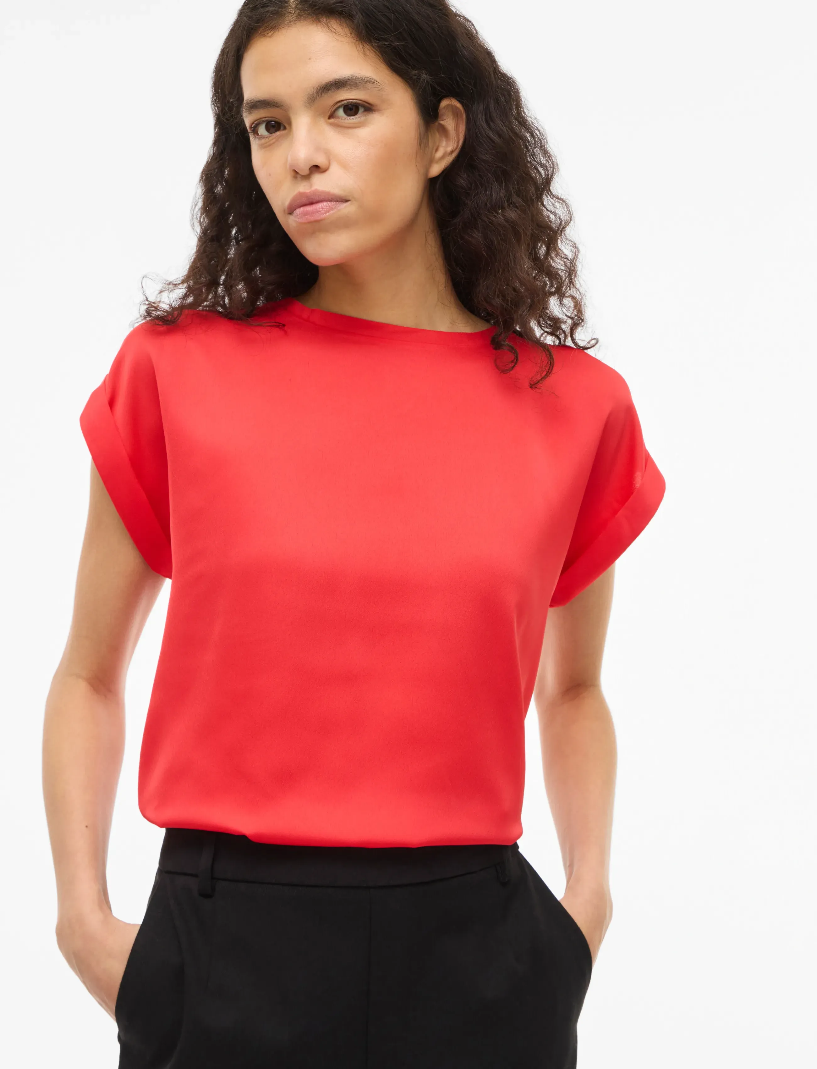 Vila - VIELLETTE S/S SATIN TOP - NOOS - stutterma blússur - hibiscus - 5