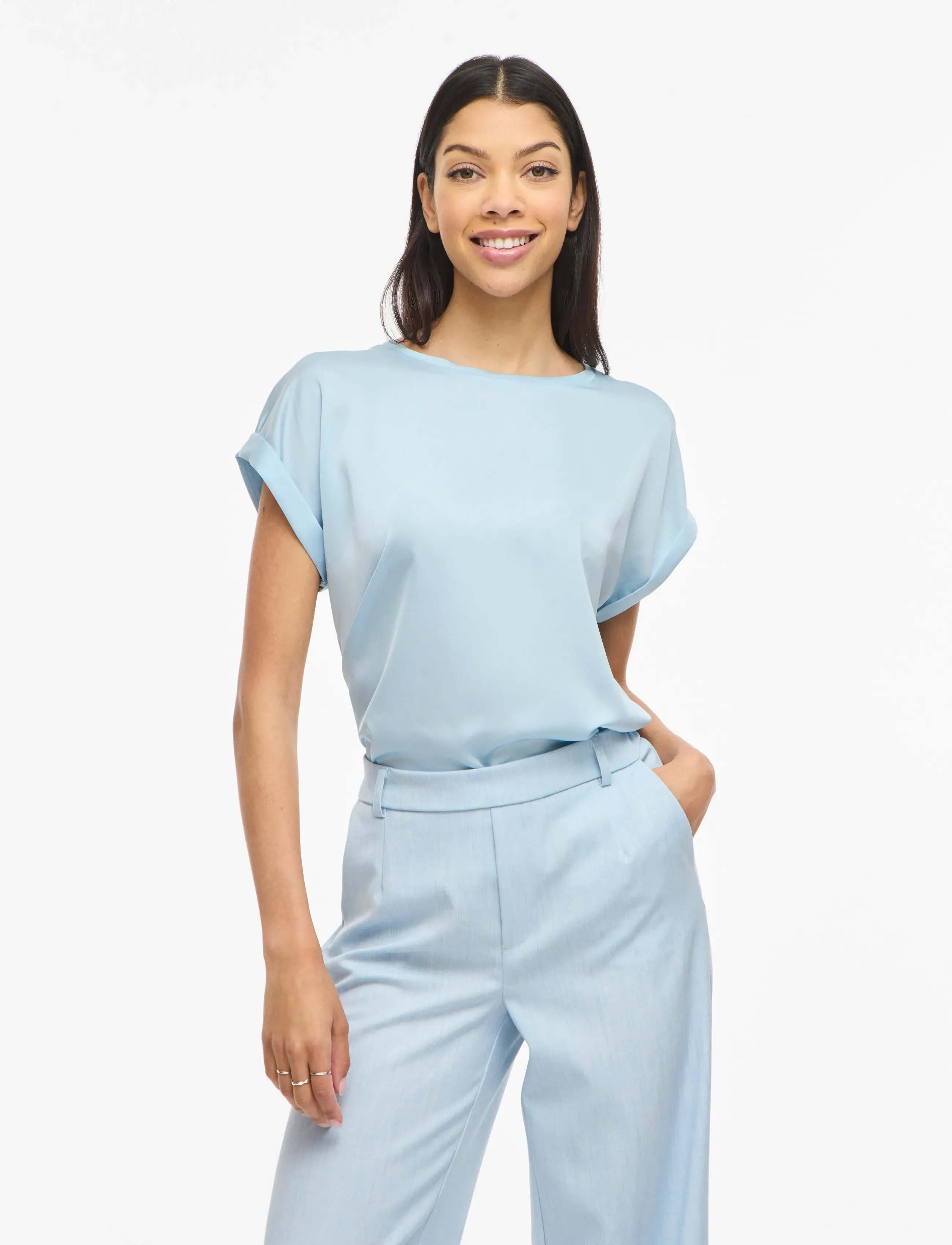 Vila Viellette S/S Satin Top Noos, Kvinder, Kortærmet Satin Top, Blå, Str: 42