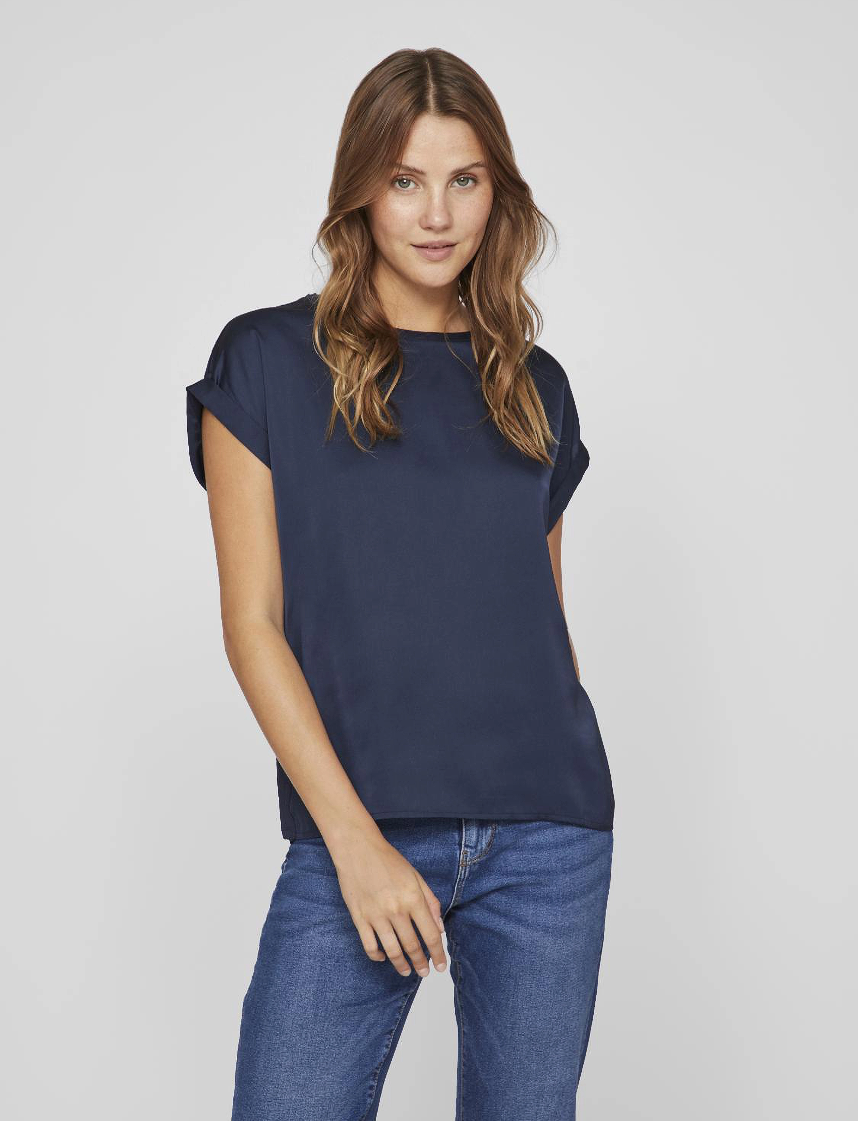 Vila Viellette S/S Satin Top Noos, Kvinder, Kortærmet Satin Top, Navy, Str: 38