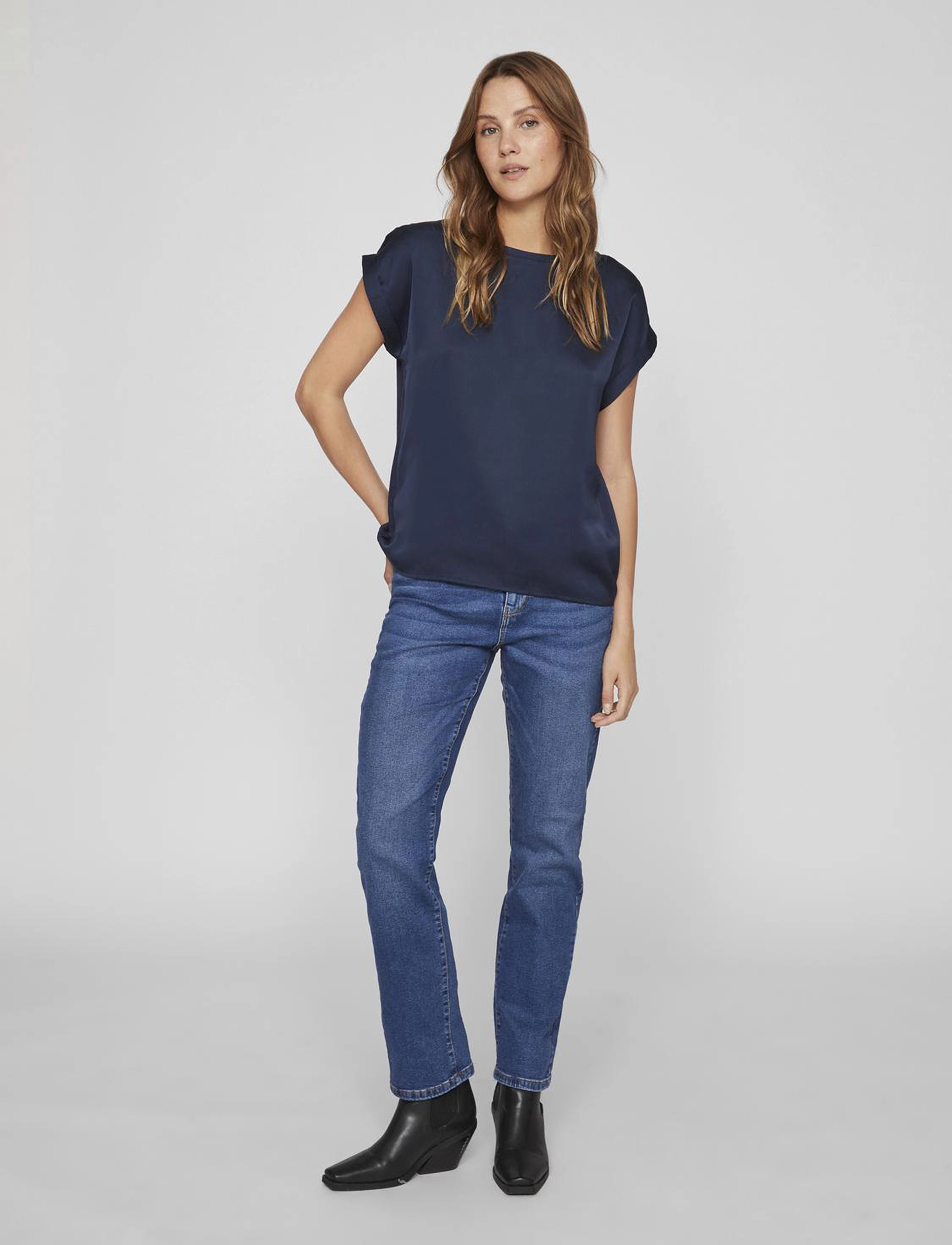 Vila - VIELLETTE S/S SATIN TOP - NOOS - kortärmade blusar - navy blazer - 5
