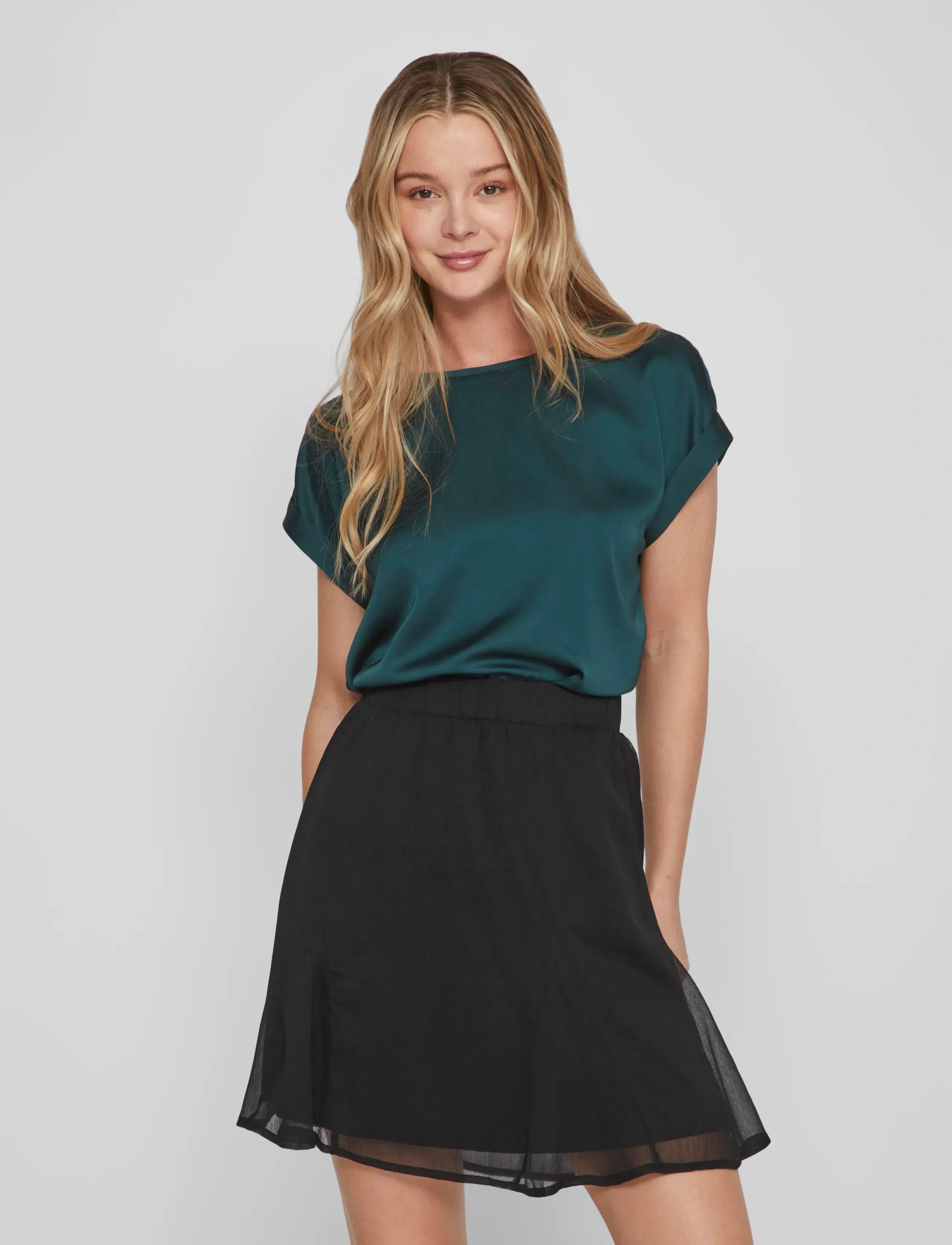 Vila Viellette S/S Satin Top Noos, Kvinder, Kortærmet Satin Top, Grøn, Str: 42