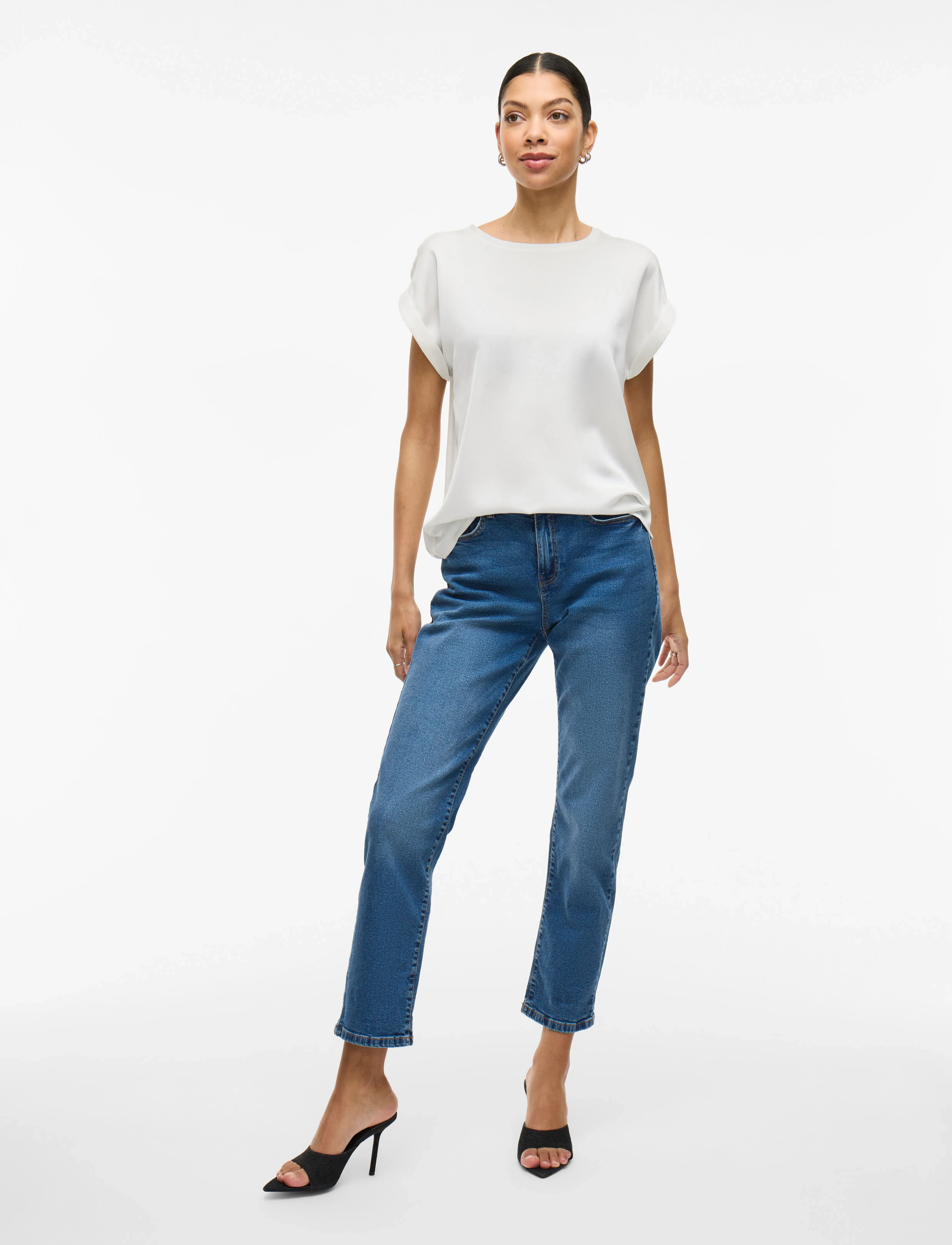 Vila Viellette S/S Satin Top Noos, Kvinder, Kortærmet Satin Top, Hvid, Str: 42