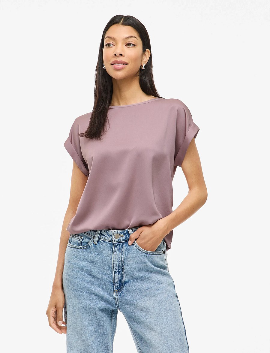 Vila - VIELLETTE S/S SATIN TOP - NOOS - kortærmede bluser - toadstool - 0