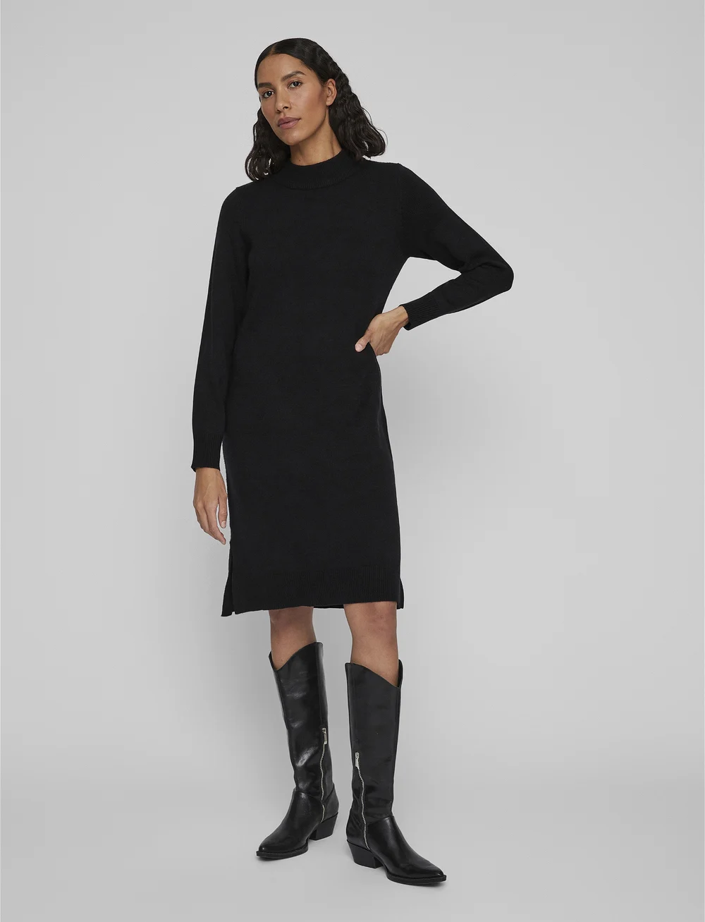 Vila - VIRIL CREW NECK L/S MIDI DRESS - NOOS - strikkjoler - black - 0