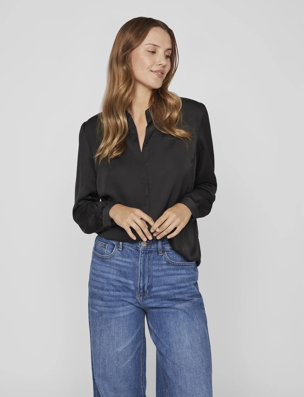 Vila - VIELLETTE SATIN L/S SHIRT - NOOS - pitkähihaiset kauluspaidat - black - 0