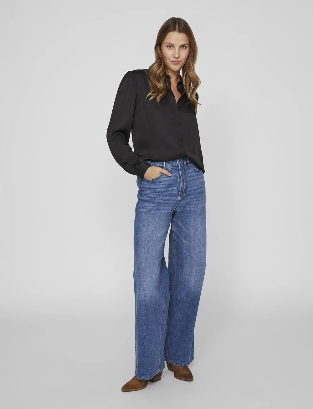 Vila - VIELLETTE SATIN L/S SHIRT - NOOS - pitkähihaiset kauluspaidat - black - 4
