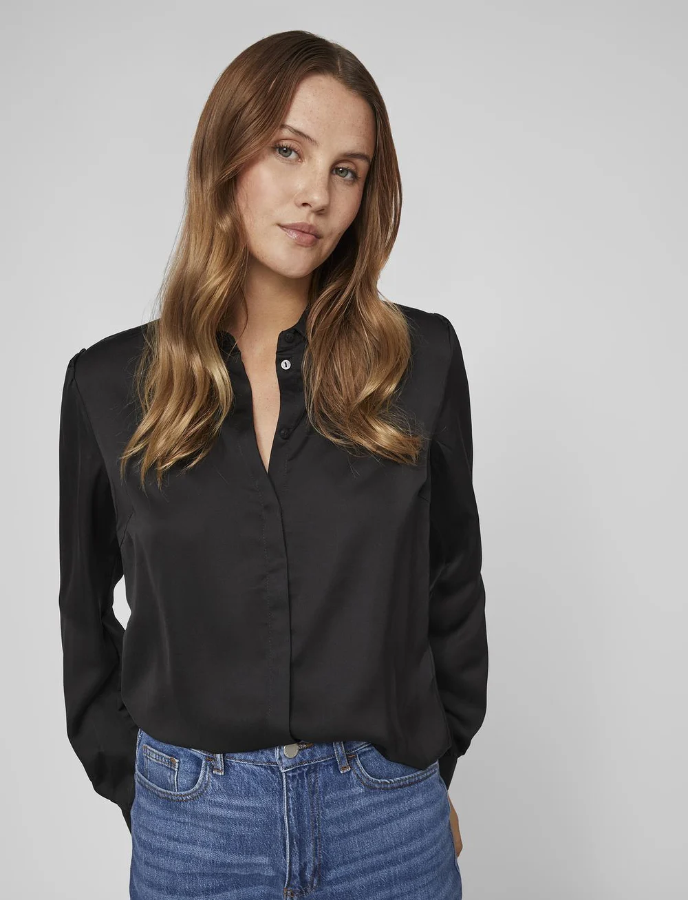 Vila - VIELLETTE SATIN L/S SHIRT - NOOS - pitkähihaiset kauluspaidat - black - 5