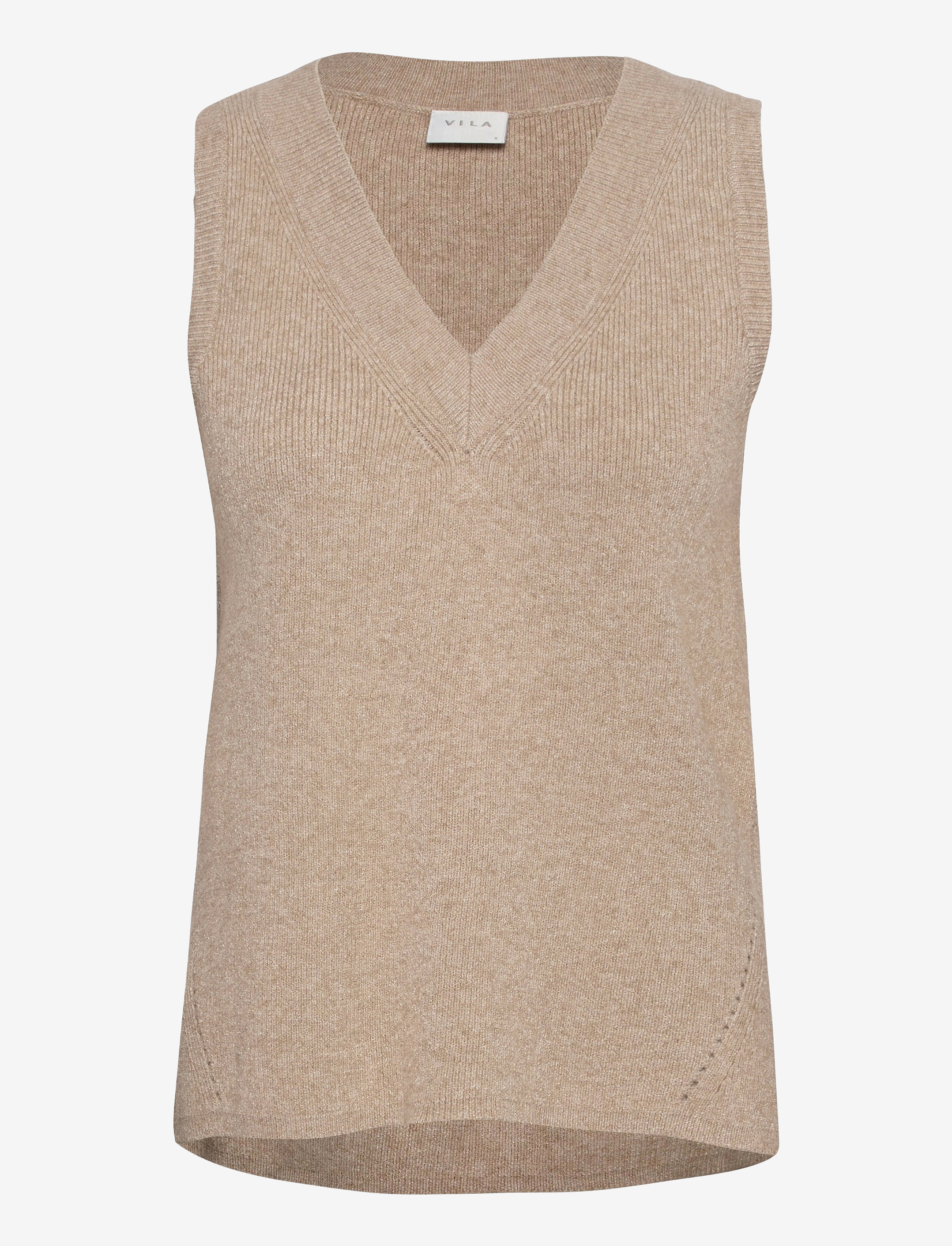 Vila VIRIL KNIT RIB V-NECK S/L VEST - NOOS - Tøj - NATURAL MELANGE / brown
