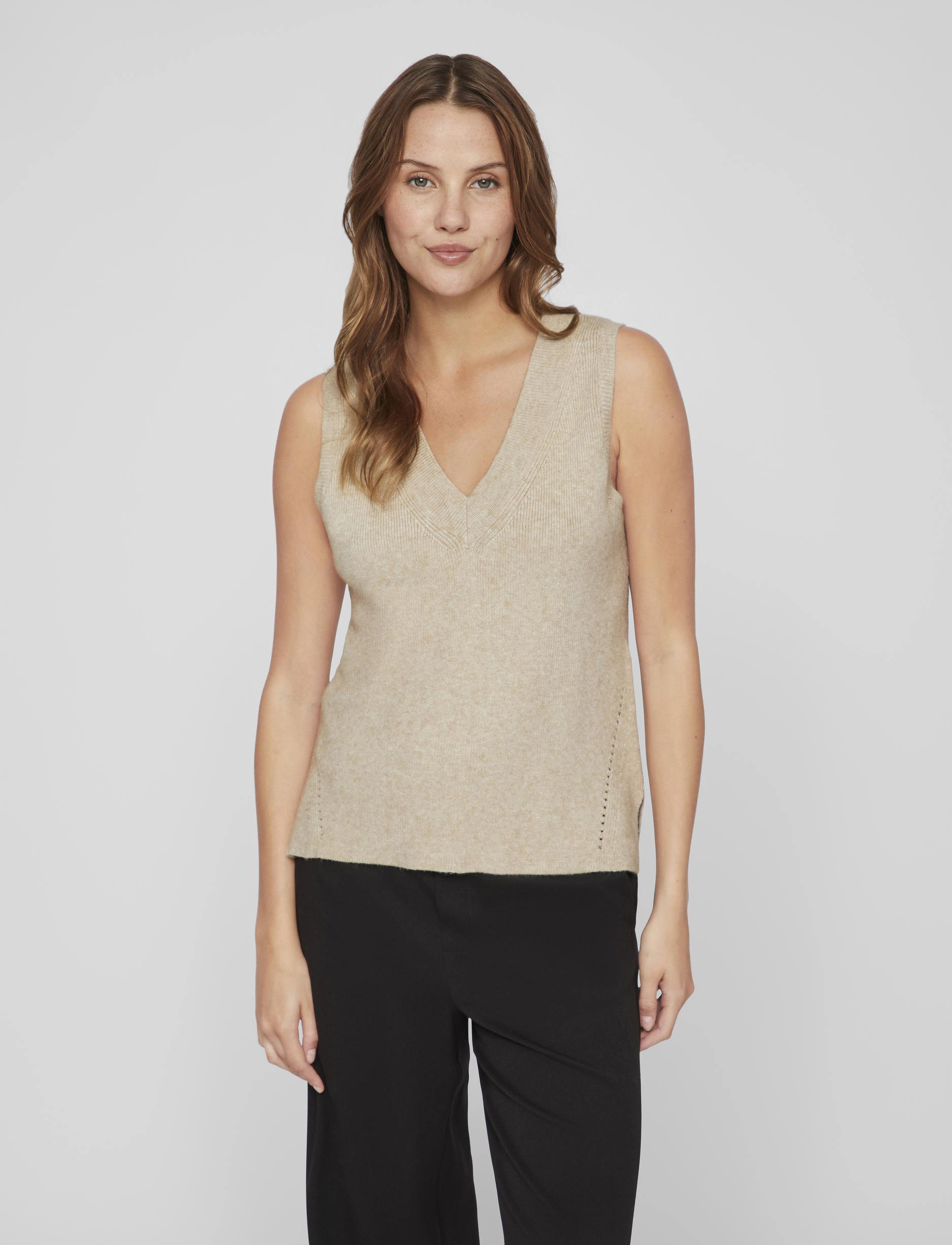Vila Viril Knit Rib V-Neck S/L Vest - Noos, S, Brown, Veste > Strikkede Veste, Dame