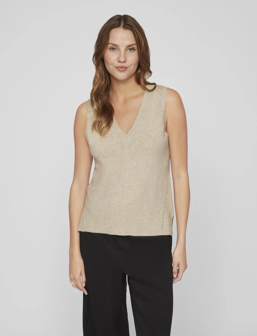 Vila - VIRIL KNIT RIB V-NECK S/L VEST - NOOS - gestrickte westen - natural melange - 0