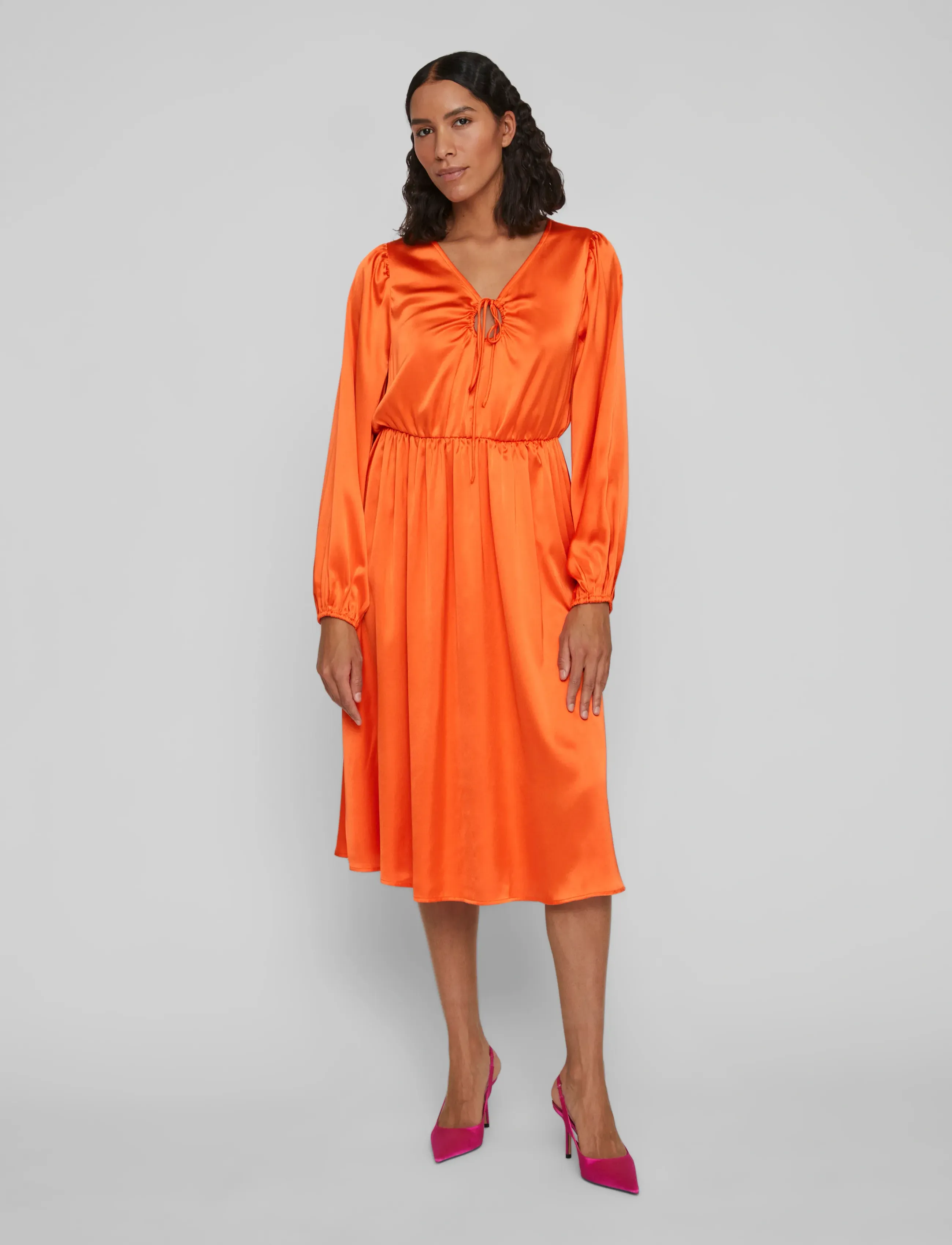 Vila Vipetia L/S V-Neck Mid Calf Dress/Dc, 36, Dresses, Orange - Knee-length & Midi, Frauen