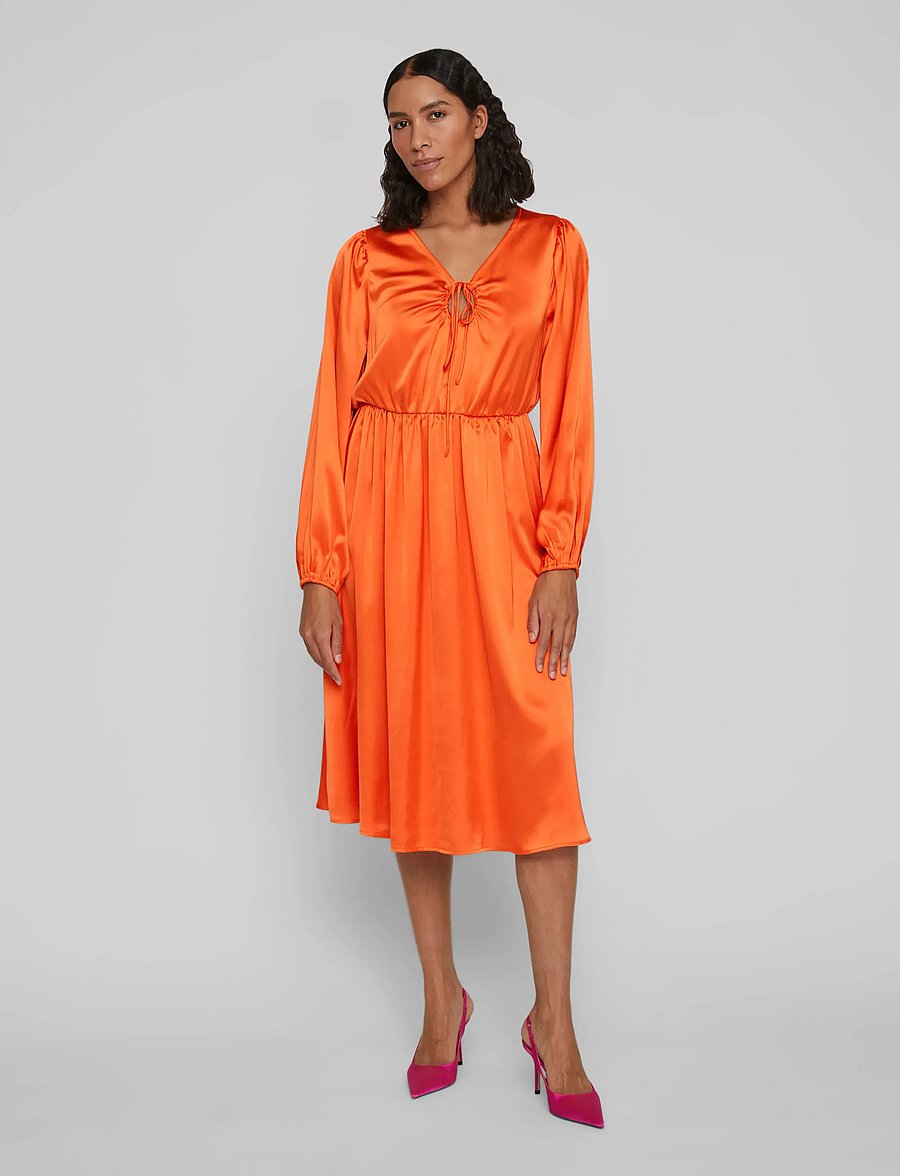 Vila - VIPETIA L/S V-NECK MID CALF DRESS/DC - midi kjoler - tigerlily - 0