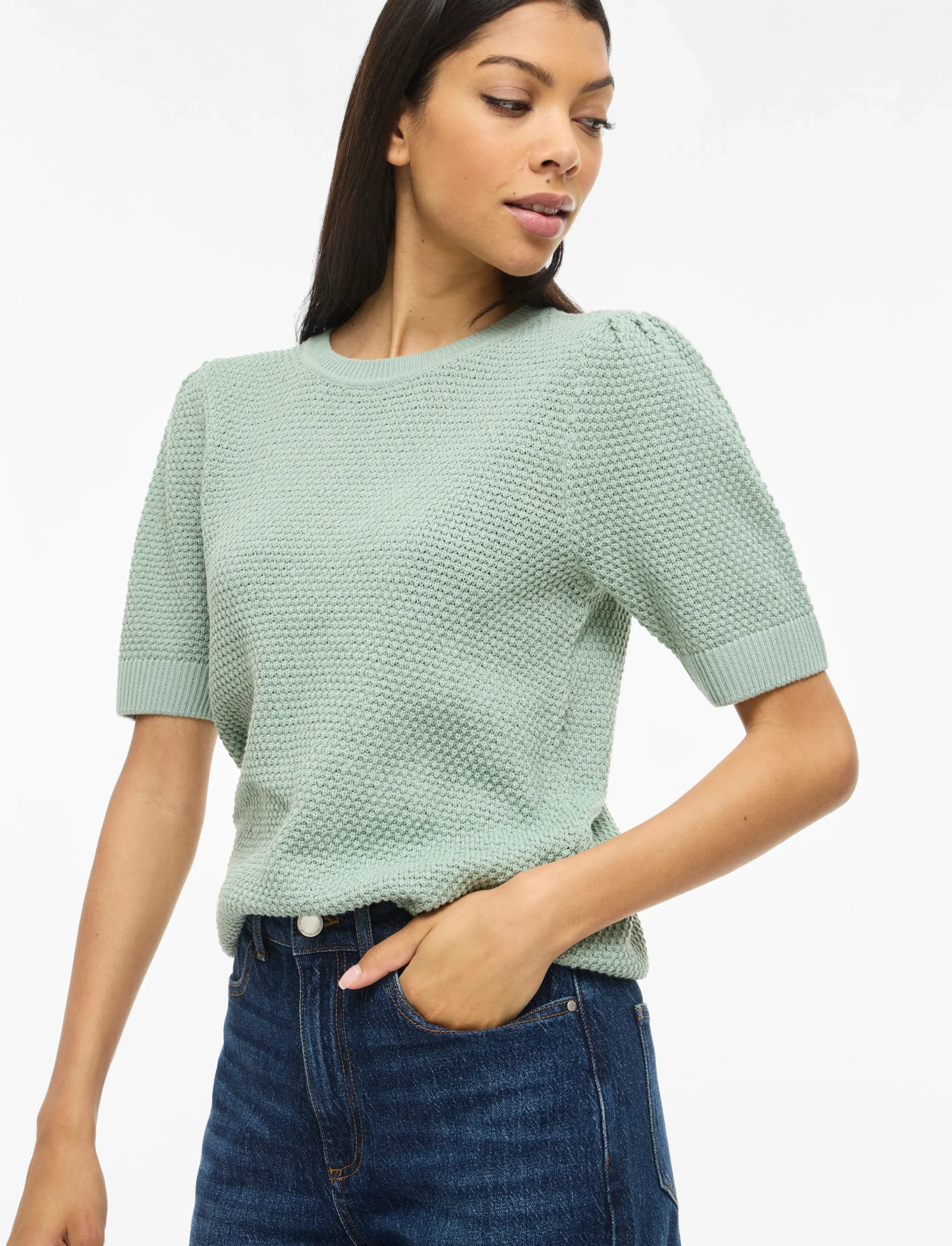 Vila - VIDALO O-NECK S/S KNIT TOP - NOOS - striktrøjer - blue surf - 5